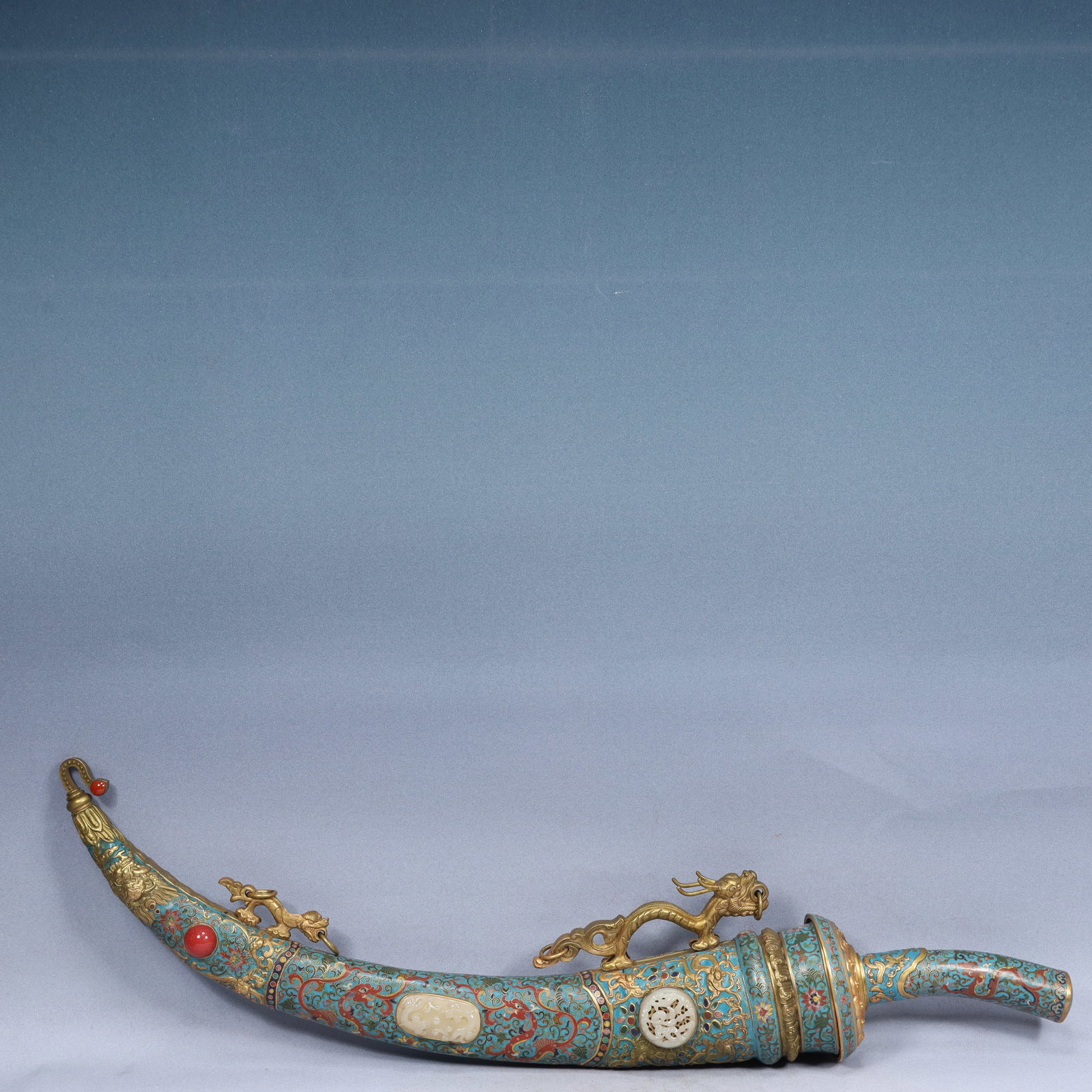 A Huge Cloisonne Inlaid White Jade Lotus and Dragon Pattern Sword,Inlaid Gems: A Huge Cloisonne Inlaid White Jade Lotus and Dragon Pattern Sword,Inlaid Gems,Qing Dynasty, China,Size:37.4inx5.5inx6.7in,Weight:4850g 景泰蓝镶白玉缠枝&