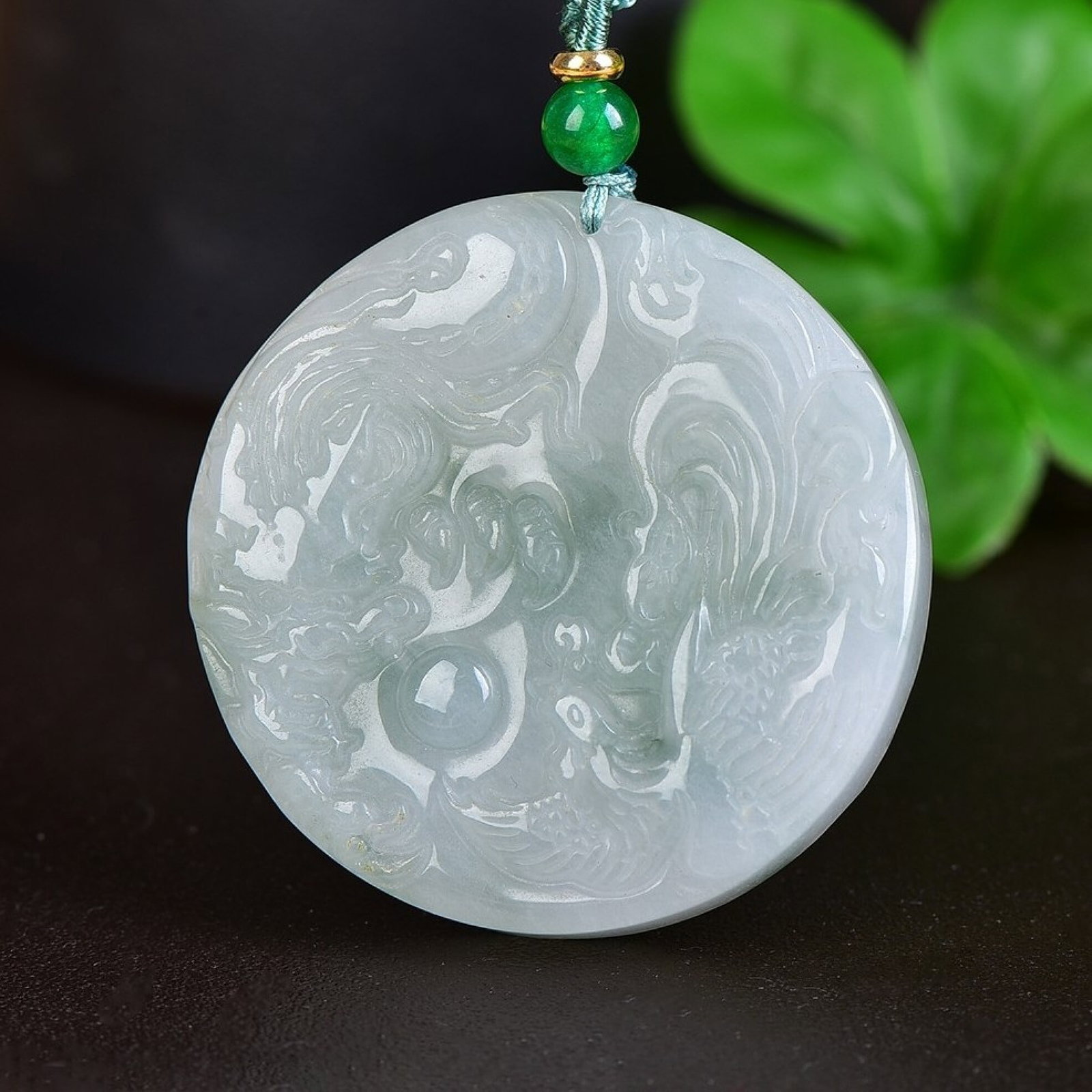 An Exquisite Jadeite Dragon and Phoenix Pattern Pendant: An Exquisite Jadeite Dragon and Phoenix Pattern Pendant,Size:50mmx50mm 翡翠龙凤纹挂件