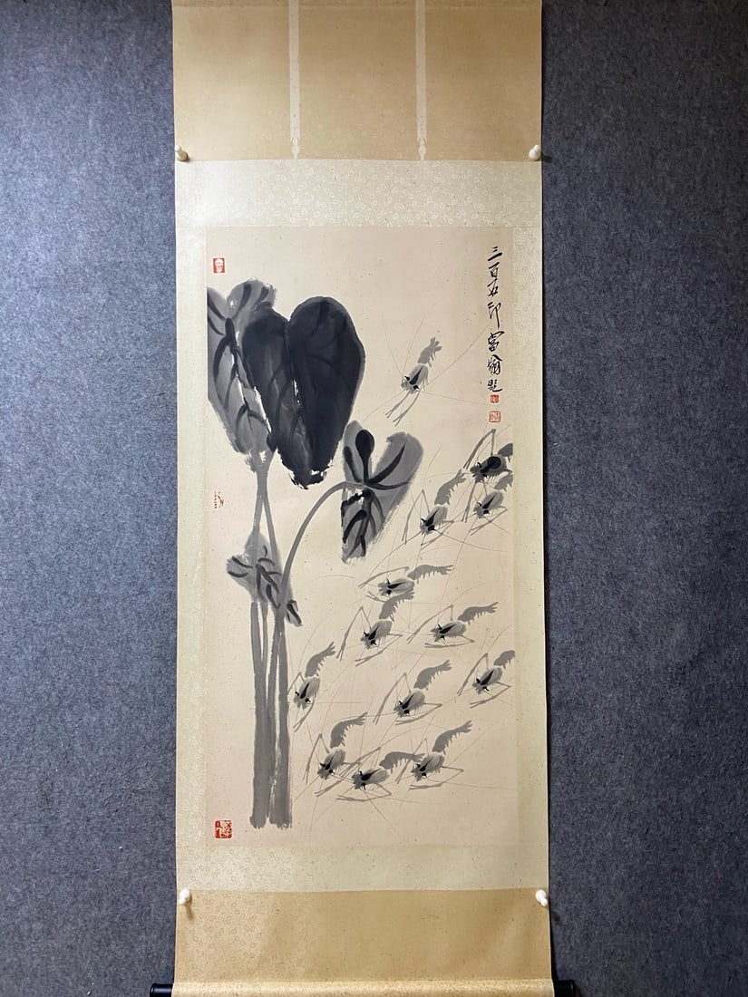 An Exquisite Chinese Vertical Scroll Ink Painting of Shrimp on Paper: An Exquisite Chinese Vertical Scroll Ink Painting of Shrimp on Paper,Qi Baishi,Size:53.9inx26.8in