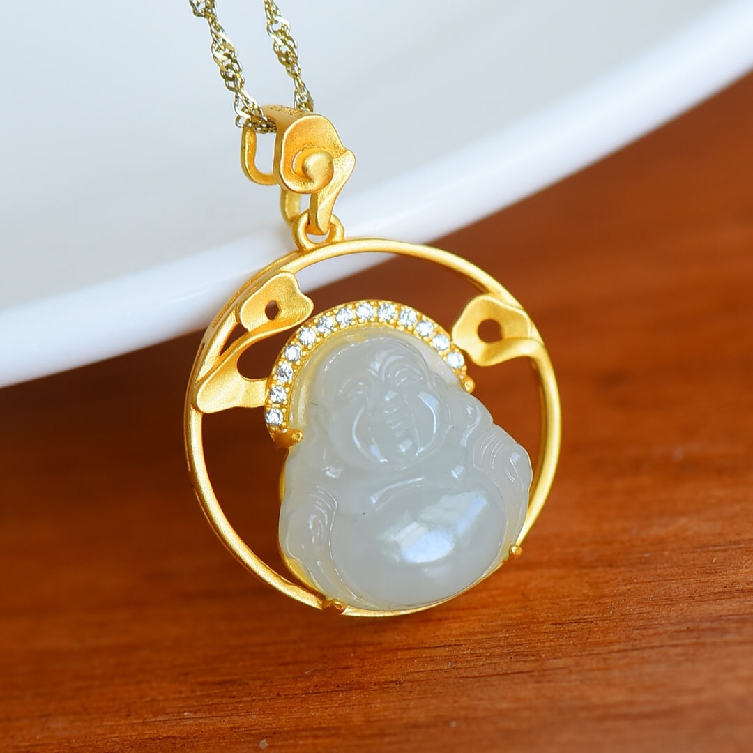 An Exquisite Sterling Silver-Gold Plated Inlaid White Jade Statue of Maitreya Buddha Necklace,Inlaid: An Exquisite Sterling Silver-Gold Plated Inlaid White Jade Statue of Maitreya Buddha Necklace,Inlaid Diamond,Size:14mmx16mm