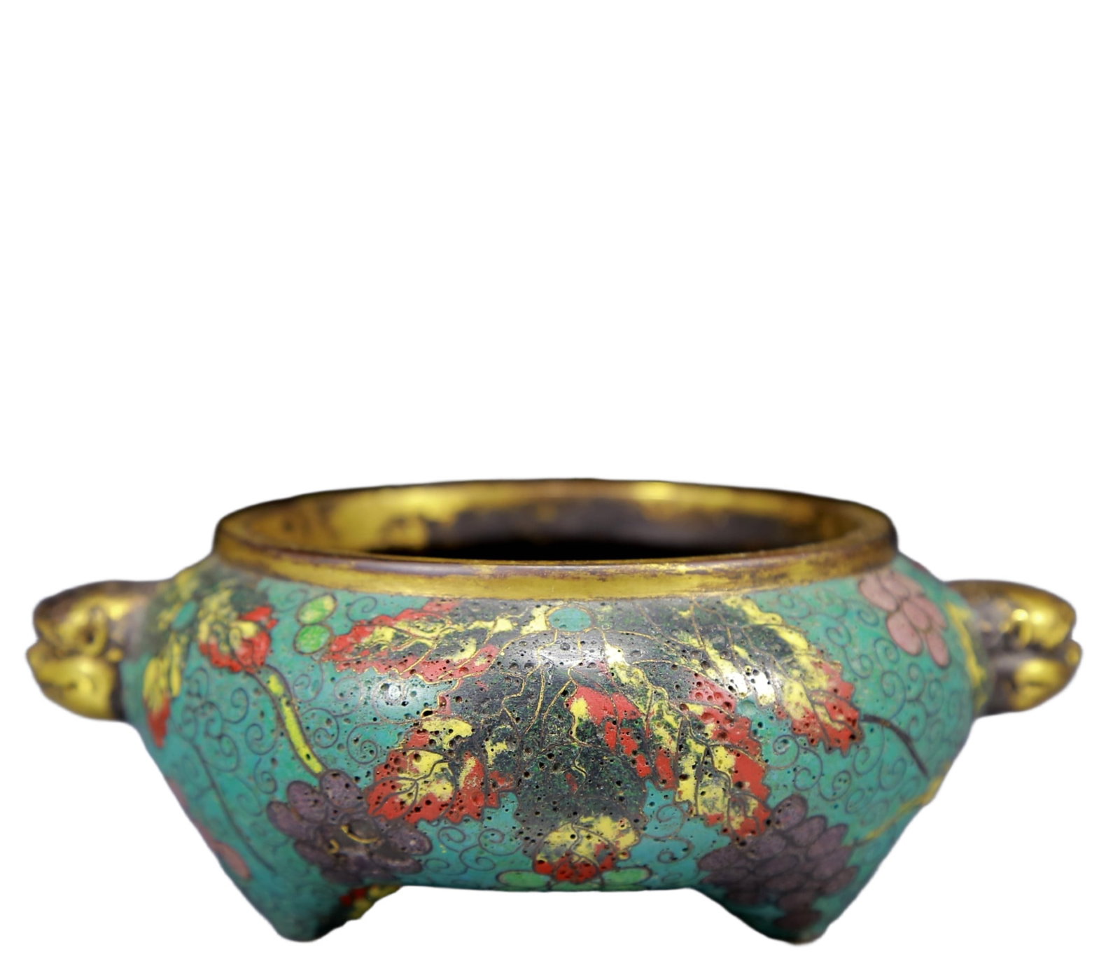 An Exquisite Cloisonne Grapes Pattern Double-Ears Censer: An Exquisite Cloisonne Grapes Pattern Double-Ears Censer,Qing Dynasty, China,Qianlong Four-character Mark,Size:5.5inx4.3inx2in,Weight:845g