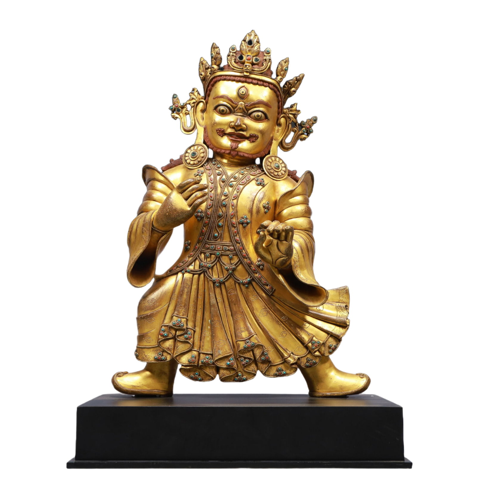 A Solemn Gilt Bronze Statue of Mammon, Inlaid Gems: A Solemn Gilt Bronze Statue of Mammon, Inlaid Gems,Ming Dynasty, China,Size:43x20x23.6in,Weight:24400g 铜鎏金财神像,嵌宝石,中国明