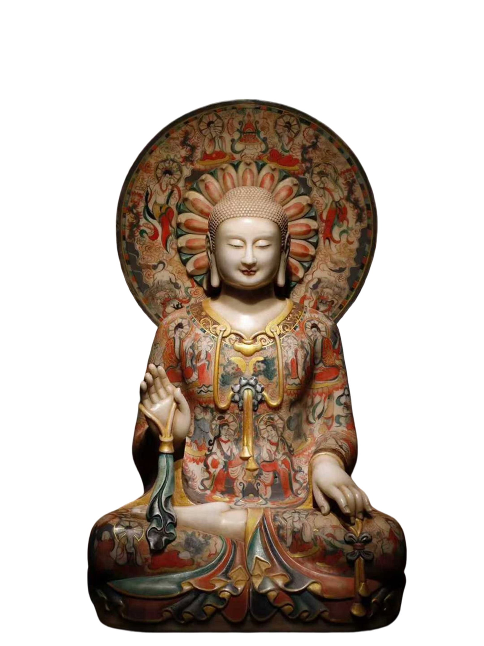A Solemn Marble Painted Color Statue of Sakyamuni: A Solemn Marble Painted Color Statue of Sakyamuni,N.Qi,China,Size:45.3inx25.6inx19.7in 汉白玉彩绘释迦摩尼像,中国北齐
