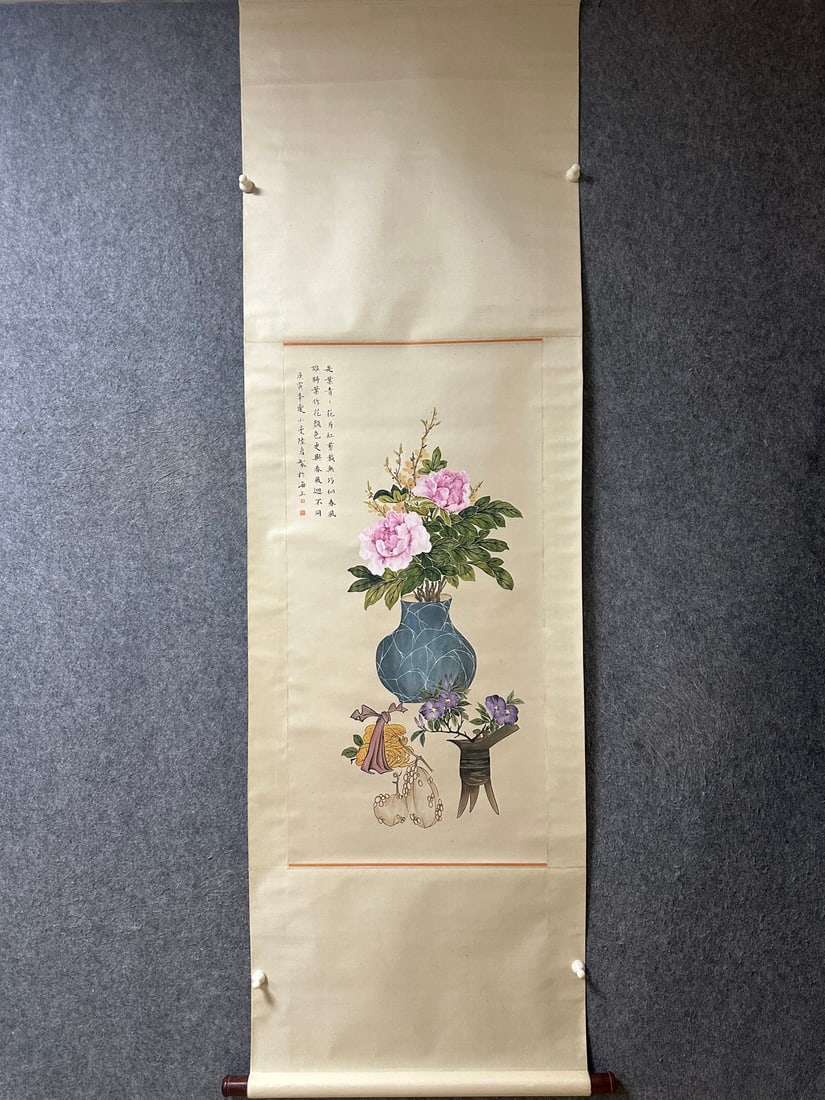 An Exquisite Chinese Vertical Scroll Ink Painting of Flower on Paper: An Exquisite Chinese Vertical Scroll Ink Painting of Flower on Paper,Lu Xiaoman,Size:39inx19.7in