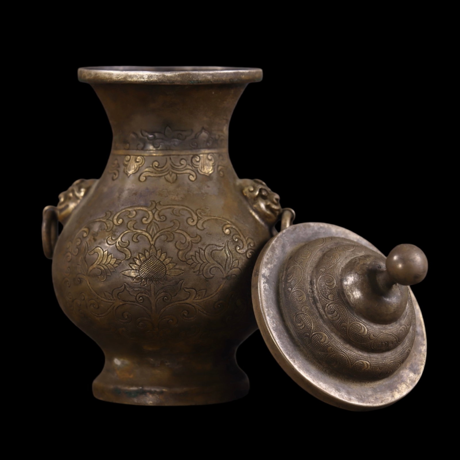An Exquisite Bronze Flower Pattern Double-Ears Bottle - 5
