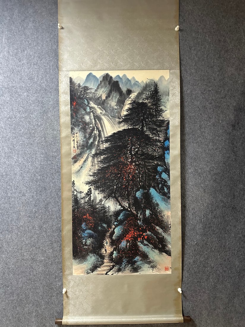 An Exquisite Chinese Vertical Scroll Ink Painting of Landscape on Paper: An Exquisite Chinese Vertical Scroll Ink Painting of Landscape on Paper,Li Xiongcai,Size:54.3inx26.8in