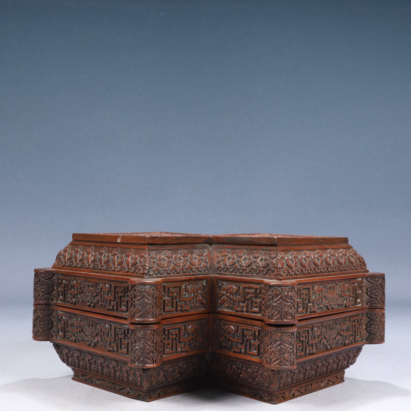 An Exquisite Zitanwood Lotus Pattern Cover Box: An Exquisite Zitanwood Lotus Pattern Cover Box,Qing Dynasty, China,Size:11.4inx11.4inx5.1in,Weight:1050g