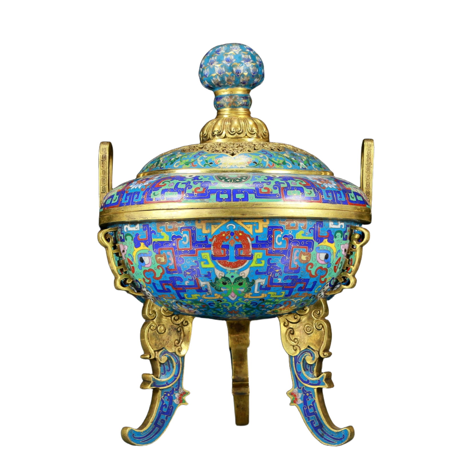 A fine cloisonn?? 'Lotus and animal mask' amphorae and tripod stove with lid (1 of 11)
