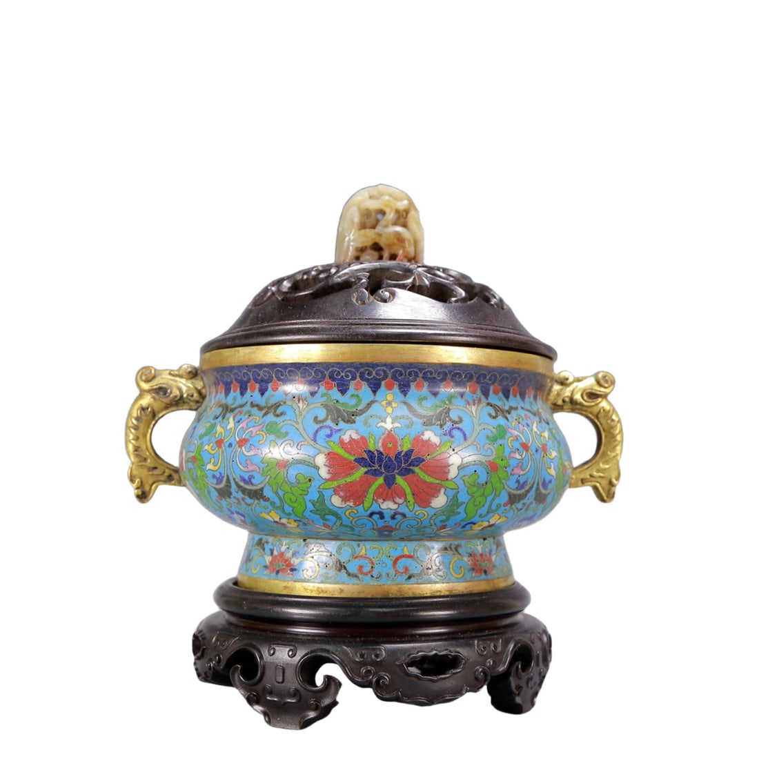 An Archaic Cloisonne Lotus Pattern Double-Ears Censer,with Zitanwood Inlaid White Jade Cover: An Archaic Cloisonne Lotus Pattern Double-Ears Censer,with Zitanwood Inlaid White Jade Cover,Qing Dynasty, China,Qianlong Four-character Mark,Size:6.7inx5.1inx7.5in,Weight:1100g 景泰൉