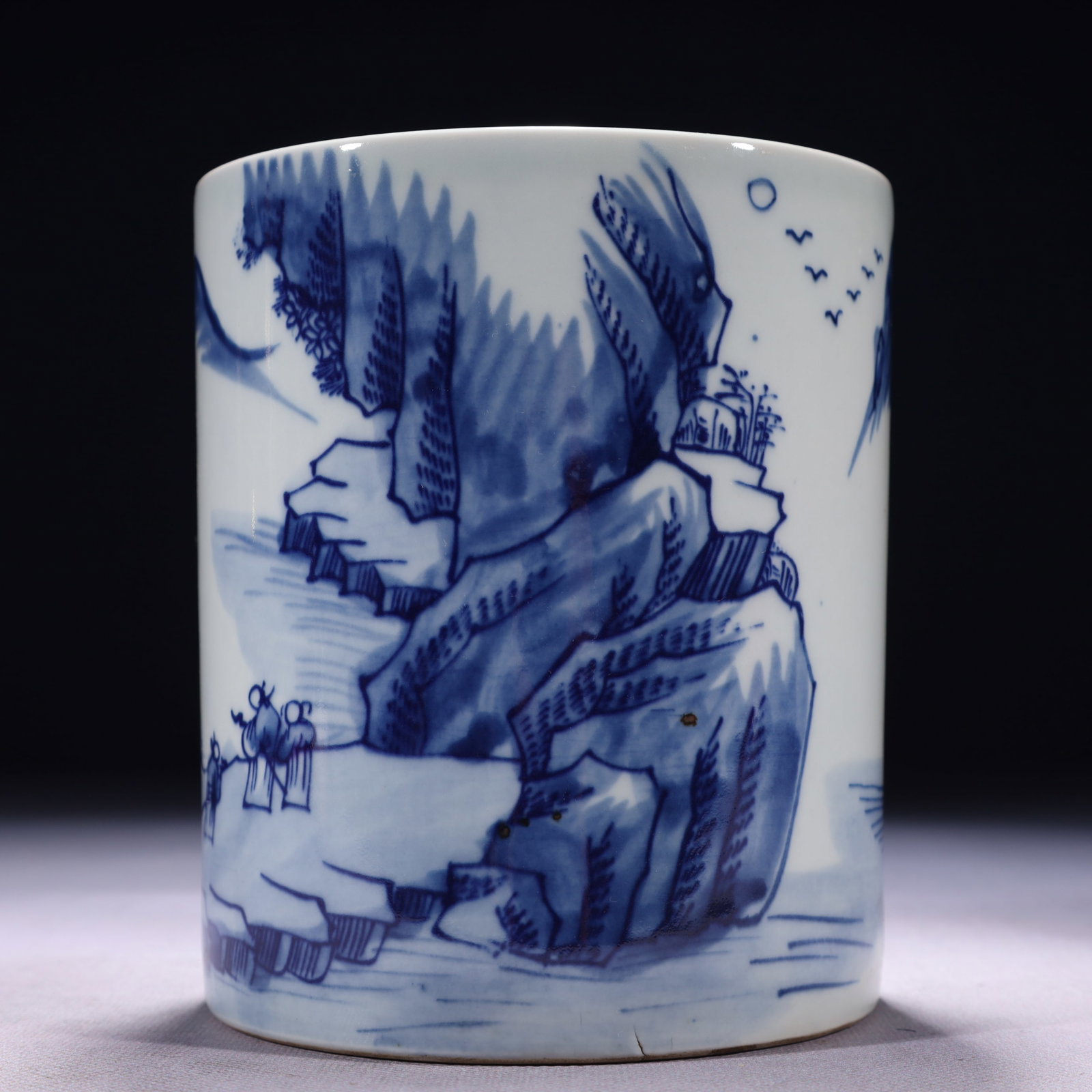 An Exquisite Blue and White Landscape and Figure Pattern Brush Pot: An Exquisite Blue and White Landscape and Figure Pattern Brush Pot,Qing Dynasty,China,Kangxi Four-character Mark,Size:4.7inx5.7in,Weight:1150g 青花山水人物纹&