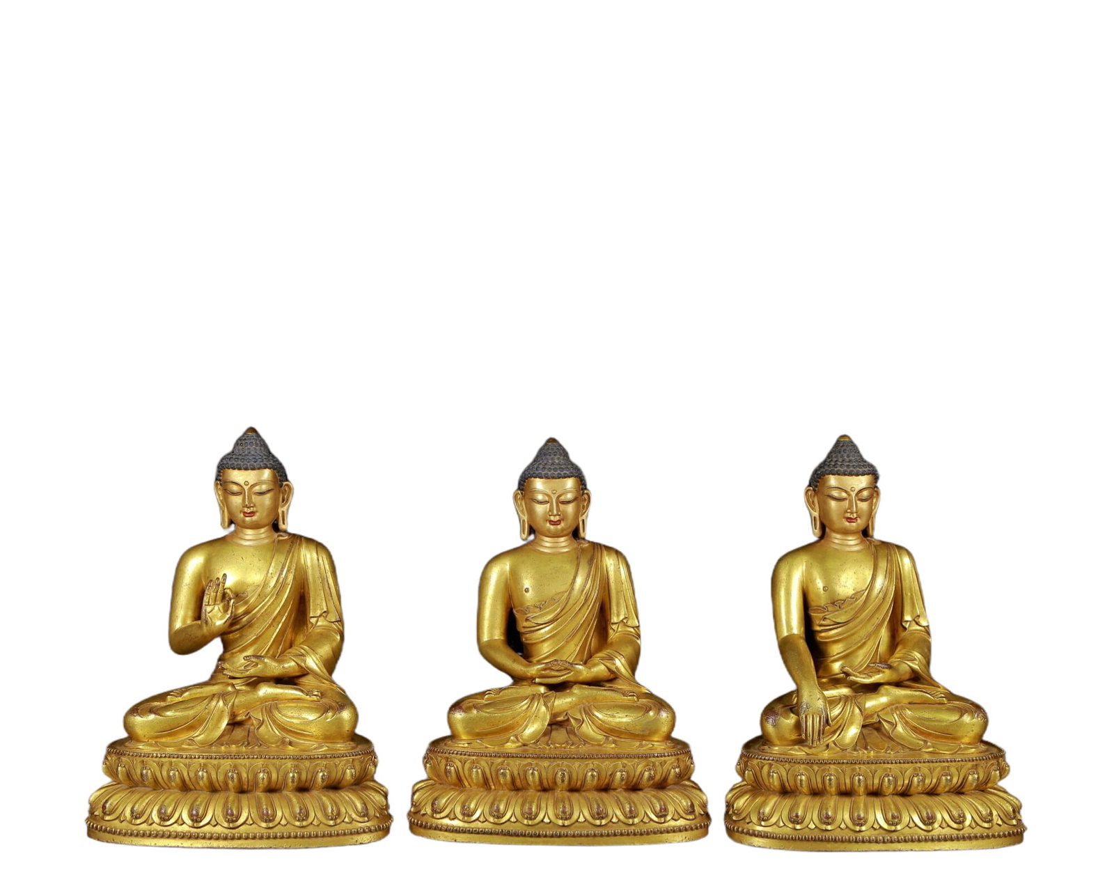 Brilliant Gilt-Bronze Figures Of Buddha Shakyamuni: Brilliant Gilt-Bronze Figures Of Buddha Shakyamuni. Each is superbly and sensitively sculpted in the form of a seated Buddha Shakyamuni, with well-defined arched eyebrows juxtaposed with the prominent