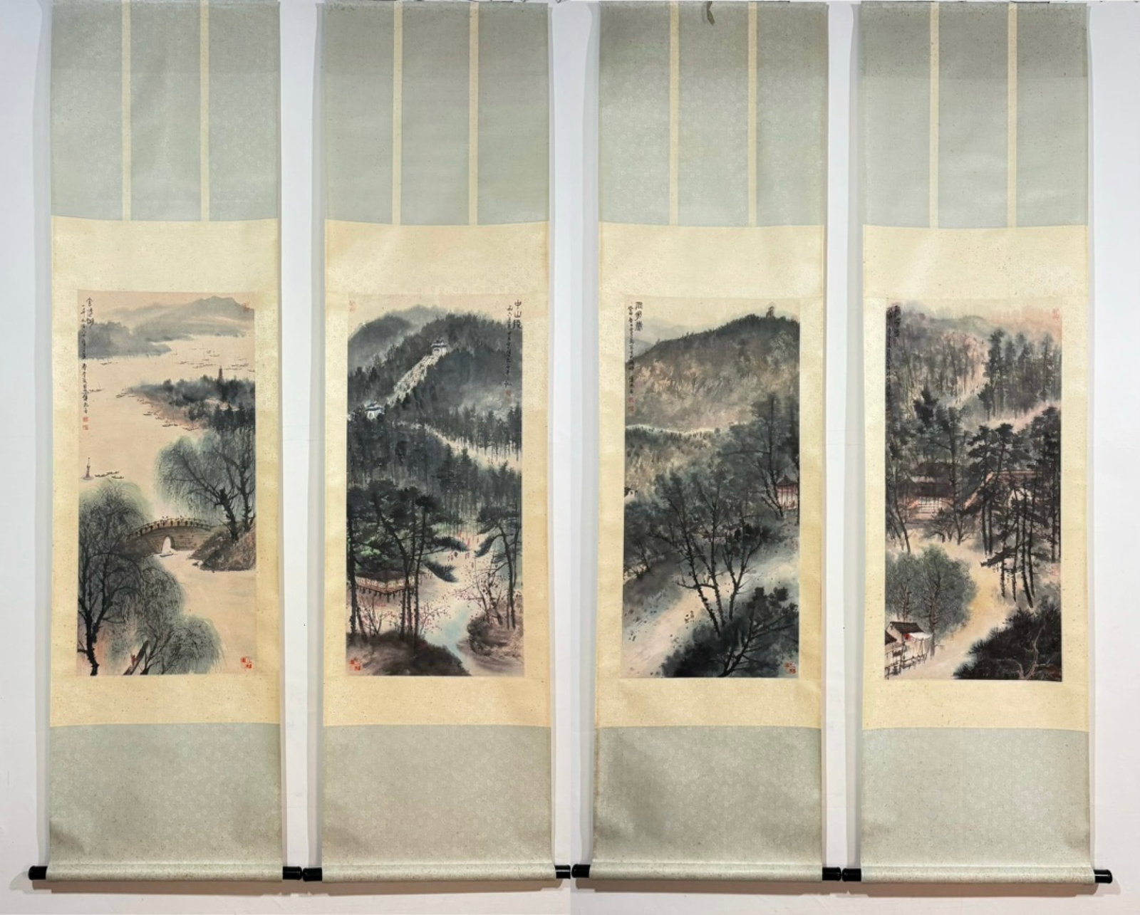 A Set of Chinese Vertical Scroll Ink Painting of Landscape on Paper: A Set of Chinese Vertical Scroll Ink Painting of Landscape on Paper,Fu Baoshi,Size:(entirety)22inx85in,(Without frame)17.7inx37.4in
