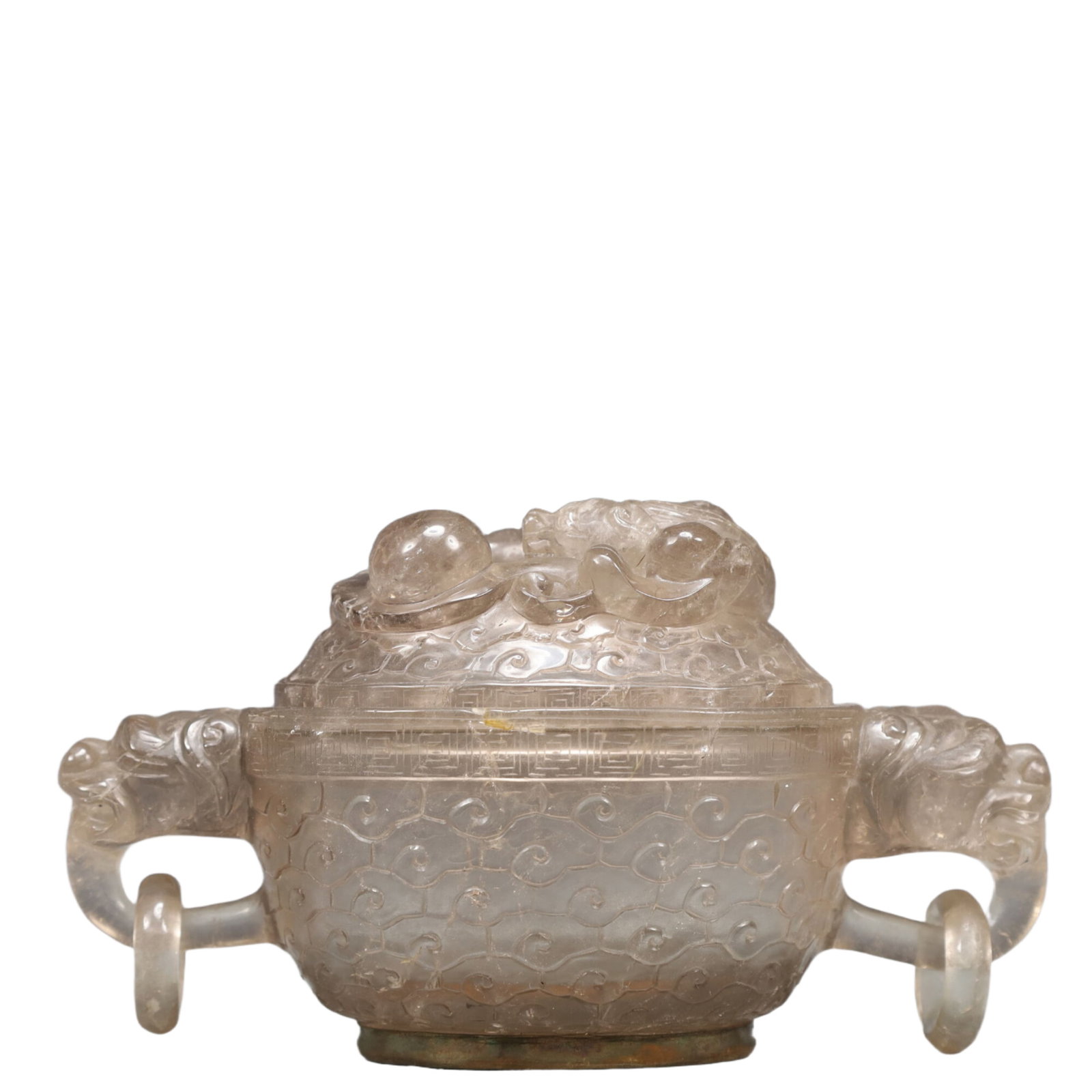 An Exquisite Crystal Auspicious Beast Pattern Double-Ears Censer: An Exquisite Crystal Auspicious Beast Pattern Double-Ears Censer,Qing Dynasty, China,Size:7.1inx3.7inx3.9in Weight:800g 水晶瑞兽纹双耳香炉,中