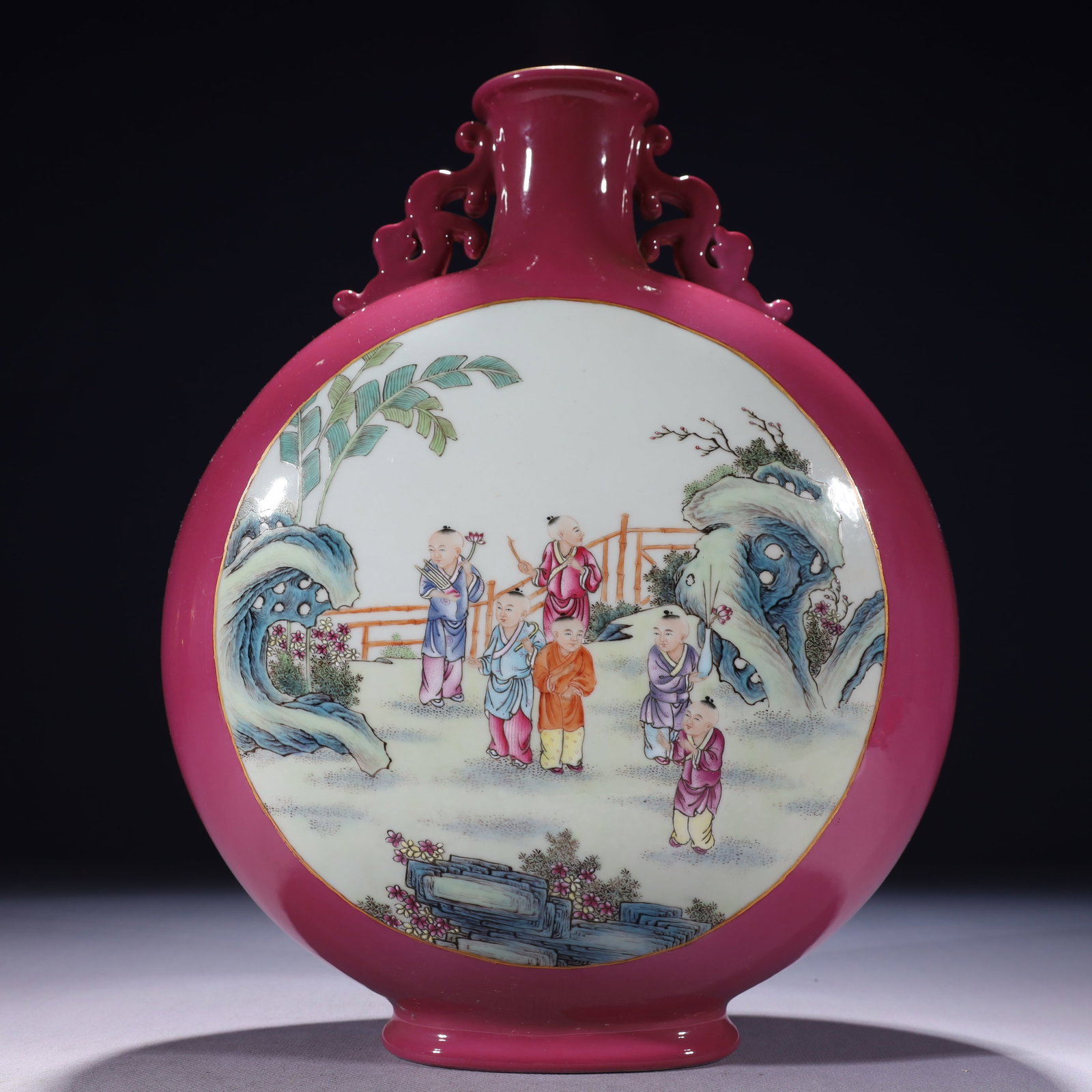 An Exquisite Ruby Red-Glazed Famille-Rose Painted Gold Character and Story Pattern Double-Ears Vase: An Exquisite Ruby Red-Glazed Famille-Rose Painted Gold Character and Story Pattern Double-Ears Vase,Qing Dynasty,China,Qianlong Six-character Mark,Size:9.1inx4.3inx12.6in,Weight:2750g 胭脂