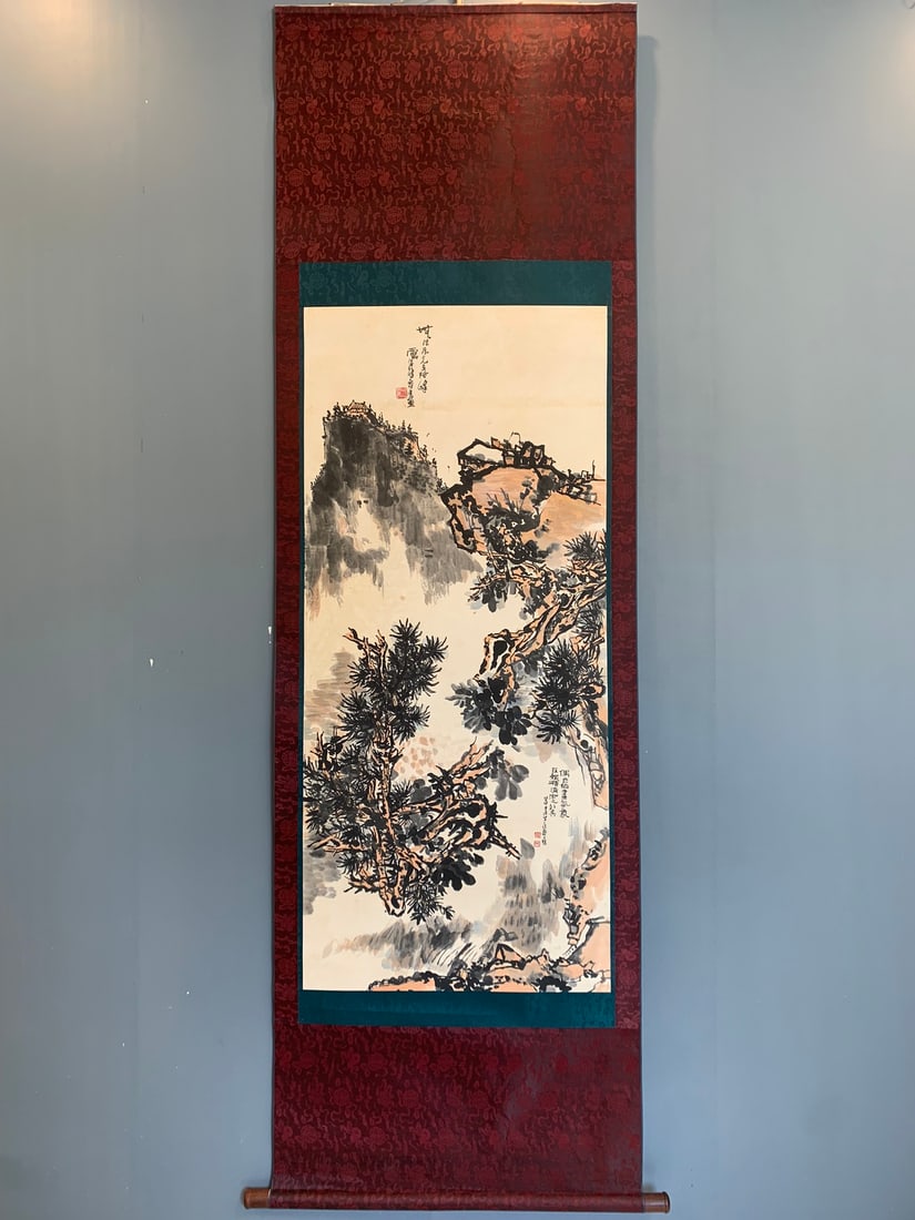 A Chinese Vertical Scroll Ink Painting of Landscape on Paper: A Chinese Vertical Scroll Ink Painting of Landscape on Paper,Modern Time of China,Pan Tianshou,without frame size:23.6inx53.1in