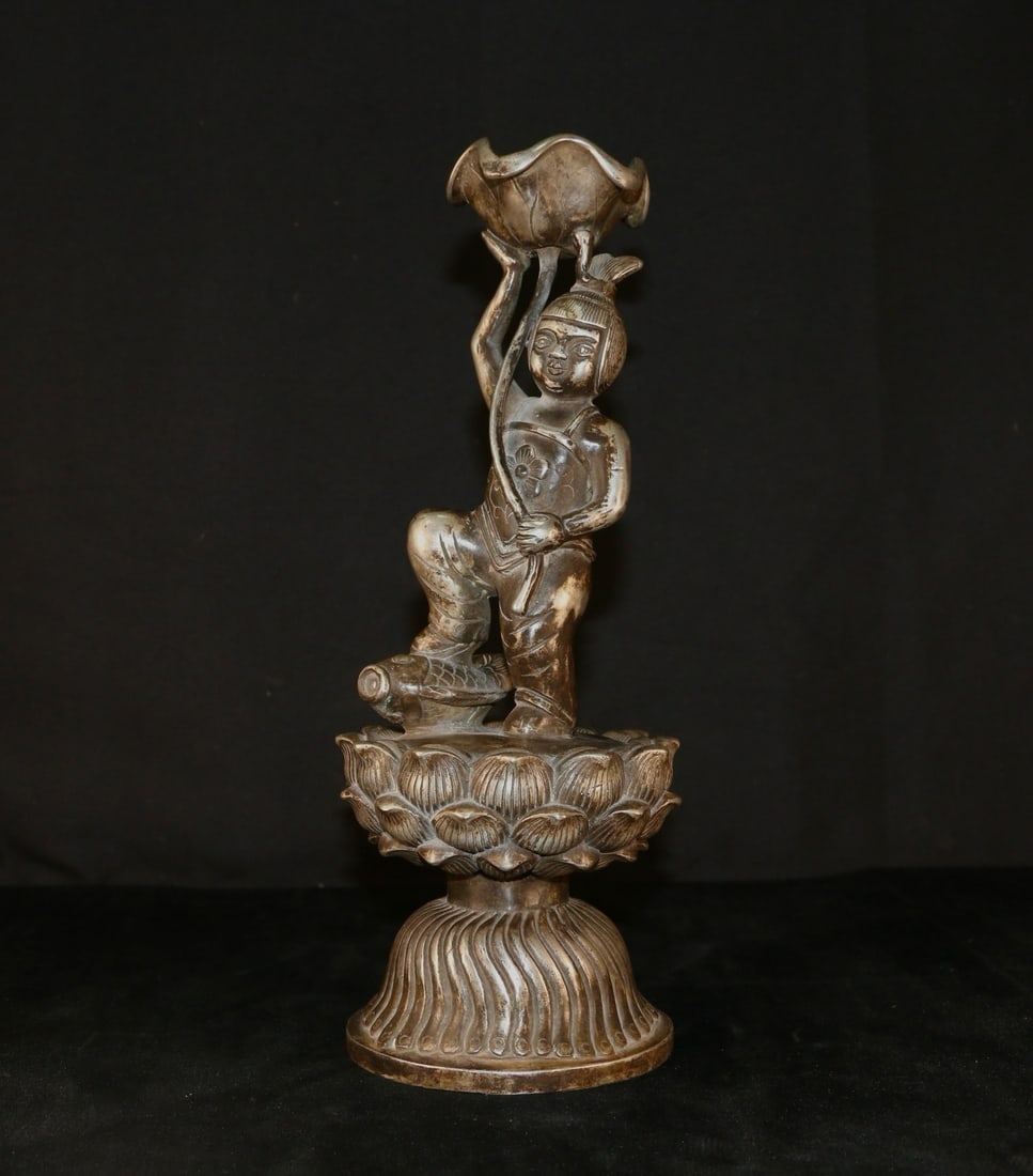 An Exquisite Silver-Gilt Copper Figures Candlestick: An Exquisite Silver-Gilt Copper Figures Candlestick,Qing Dynasty, China,Qianlong Four-character Mark,Size:4.3inx11.6in ,Weight:1973g