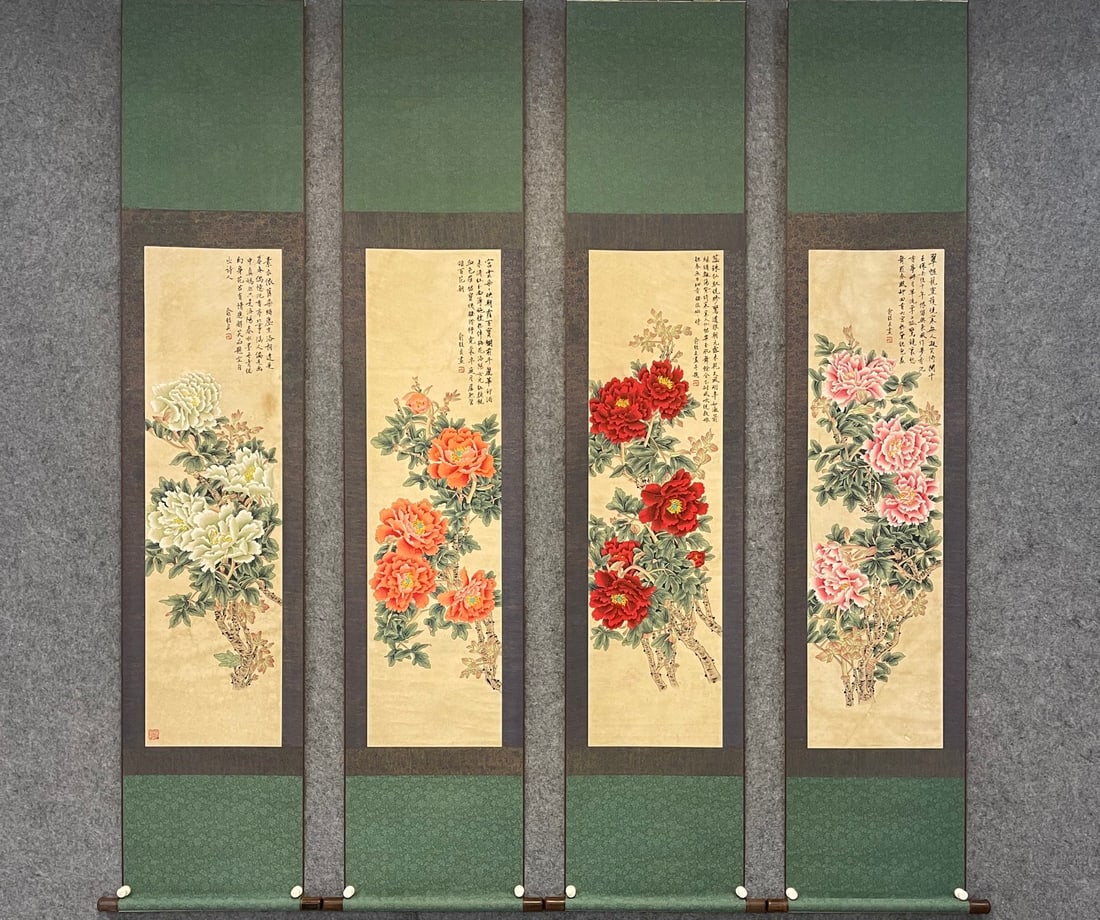 A Set of Chinese Vertical Scroll Ink Paintings of Flowers on Paper (Four Pieces): A Set of Chinese Vertical Scroll Ink Paintings of Flowers on Paper (Four Pieces),Modern Time of China,Yu Zhizhen,without frame size:13.8inx49.2in
