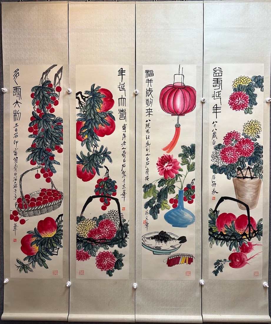 A Set of Four Chinese Vertical Scroll Ink Paintings of Flowers on Paper: A Set of Four Chinese Vertical Scroll Ink Paintings of Flowers on Paper,Modern Time of China,Qi Baishi,without frame size:13.4inx53.9in