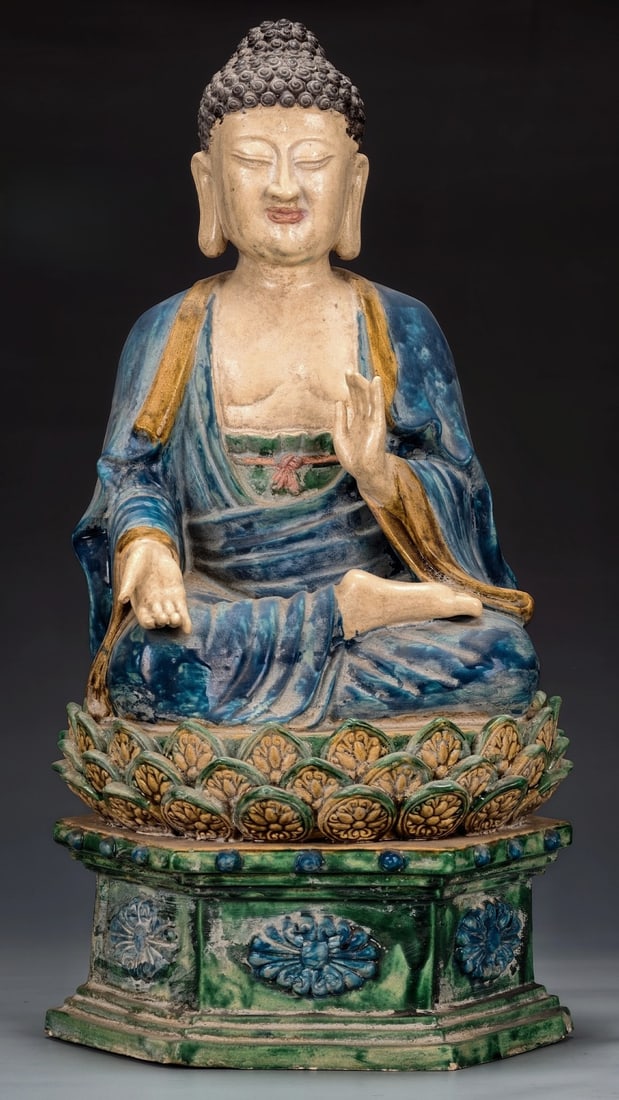 An Exquisite Tang Tri-Color Glazed Pottery Statue of Sakyamuni: An Exquisite Tang Tri-Color Glazed Pottery Statue of Sakyamuni,Tang Dynasty, China,Size: 24inx11.4in 唐三彩释迦牟尼像,中国唐代