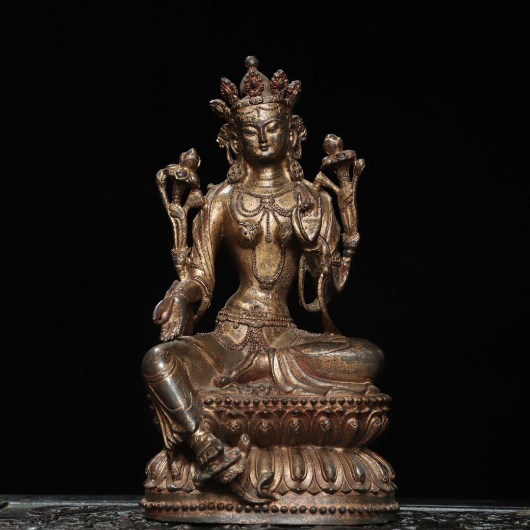 An Exquisite Bronze Gold Printed Tara Ornament: An Exquisite Bronze Gold Printed Tara Ornament,Qing Dynasty, China,Size:11.8inx9.8inx4.3in,Weight:3030g