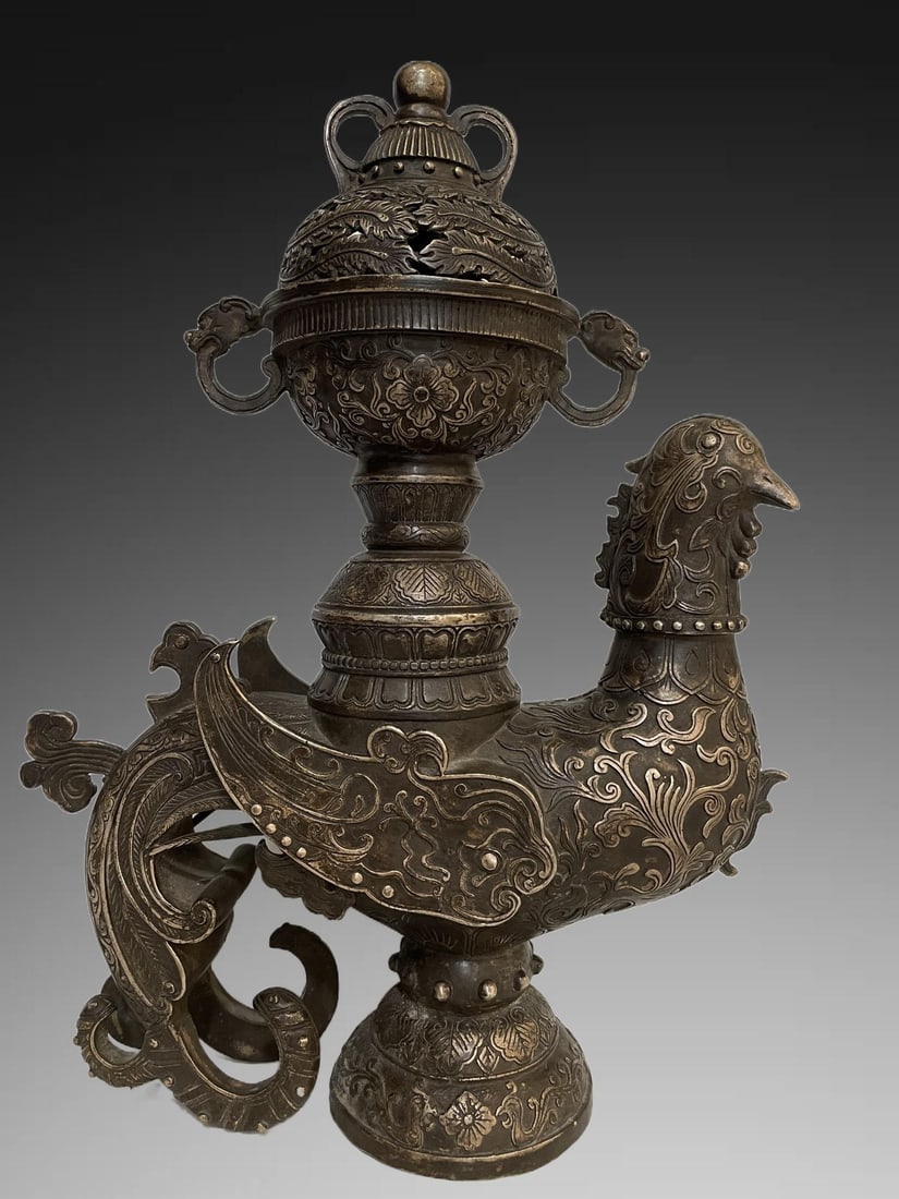 An Exquisite Silver-Gilt Bronze Phoenix Bird Censer: An Exquisite Silver-Gilt Bronze Phoenix Bird Censer,Qing Dynasty, China,Qianlong Four-character Mark,Size:14.6inx11inx4.5in,Weight:4068g