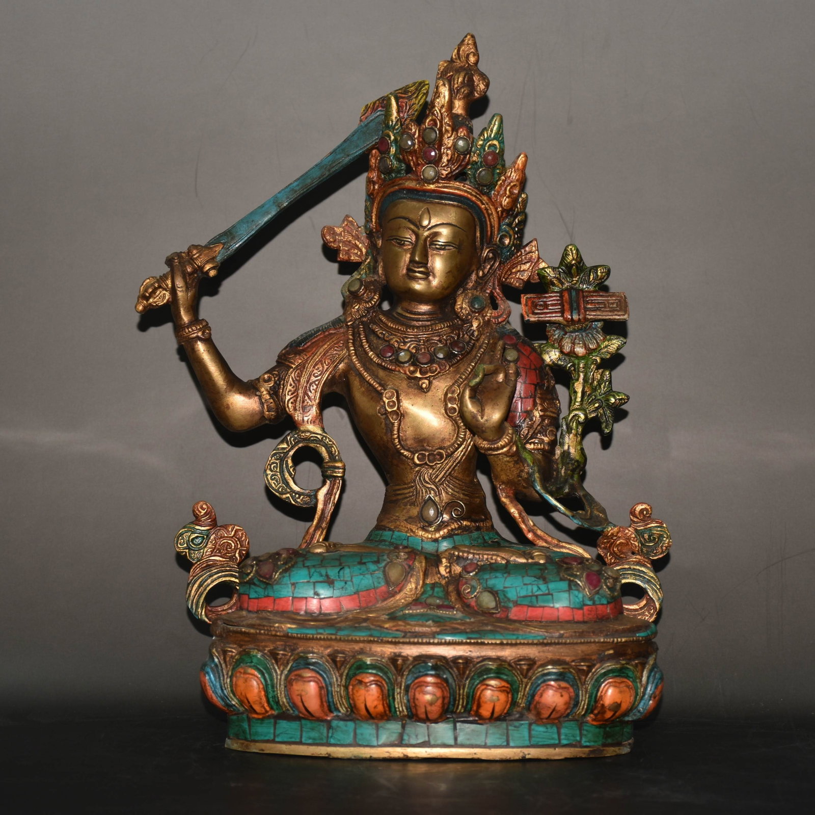An Exquisite Bronze Inlaid Red Turquoise‑Green Turquoise Gems Buddha statue: An Exquisite Bronze Inlaid Red Turquoise‑Green Turquoise Gems Buddha statue,Ming Dynasty, China,Size:9.4inx5.1inx13in,Weight:4500g 铜镶嵌红松绿松宝
