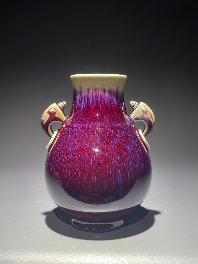 An Exquisite Flambe Glazed Bat-Ears Vase: An Exquisite Flambe Glazed Bat-Ears Vase,Qing Dynasty, China,Yongzheng Four-character Mark,Size:7.9inx5.5in 窑变釉蝙蝠耳瓶,中国清代,&#