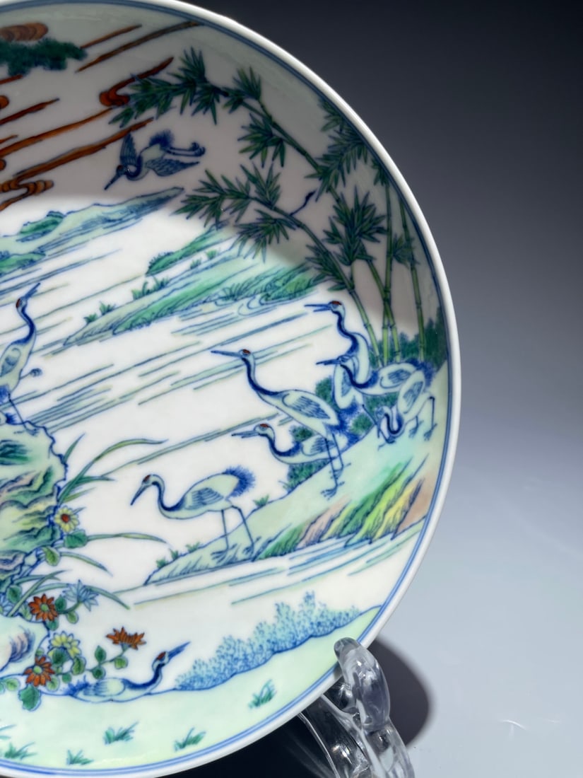 An Exquisite Doucai Crane Pattern Plate - 4