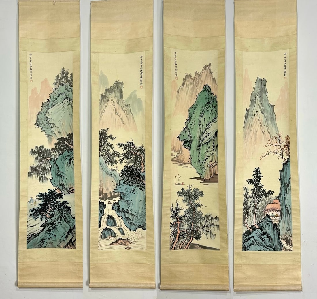 A Set of Chinese Vertical Scroll Ink Paintings of Landscape on Paper (Four Pieces): A Set of Chinese Vertical Scroll Ink Paintings of Landscape on Paper (Four Pieces),Modern Time of China,Chen Shaomei,without frame size:53.1inx13in