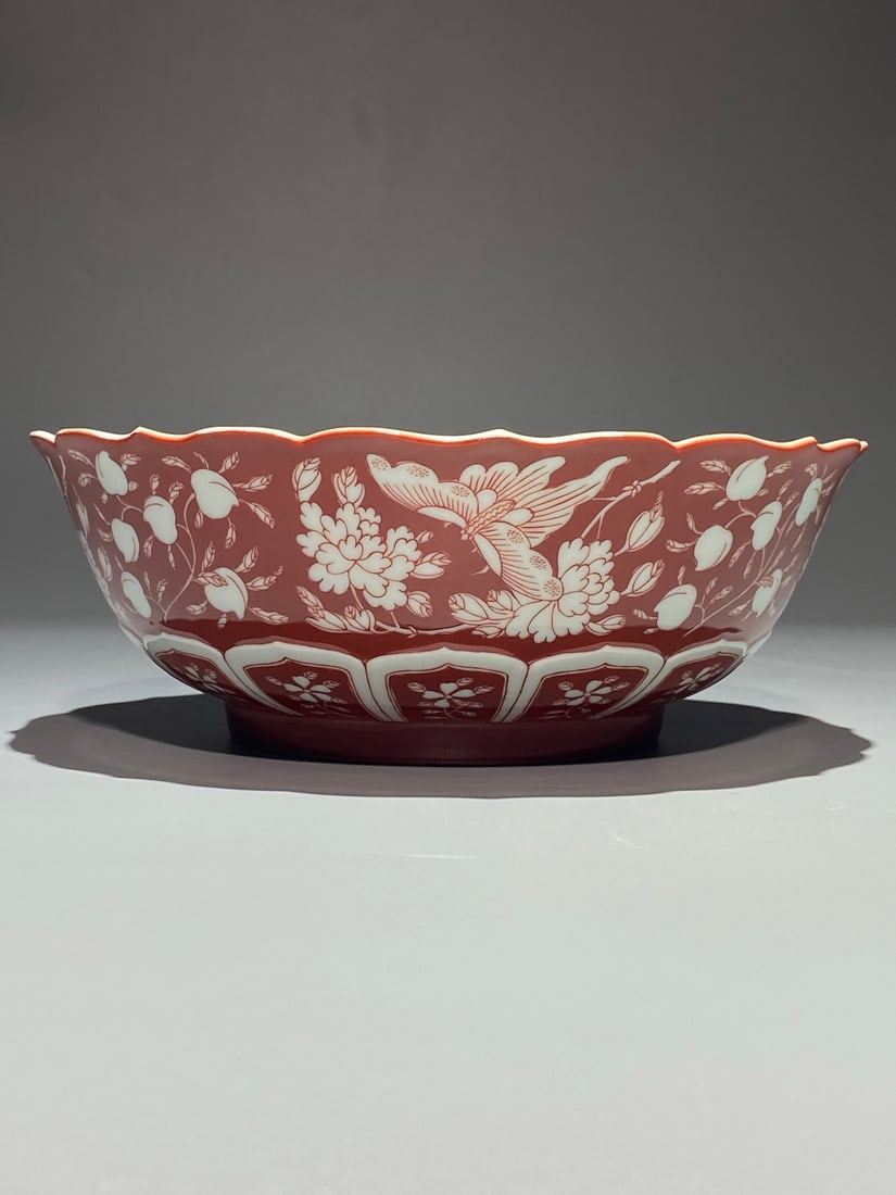 An Exquisite Coral Red Glazed Butterfly and Flower Pattern Bowl: An Exquisite Coral Red Glazed Butterfly and Flower Pattern Bowl,Qing Dynasty, China,Jiaqing Six-character Mark,Size:2.8inx7.9in