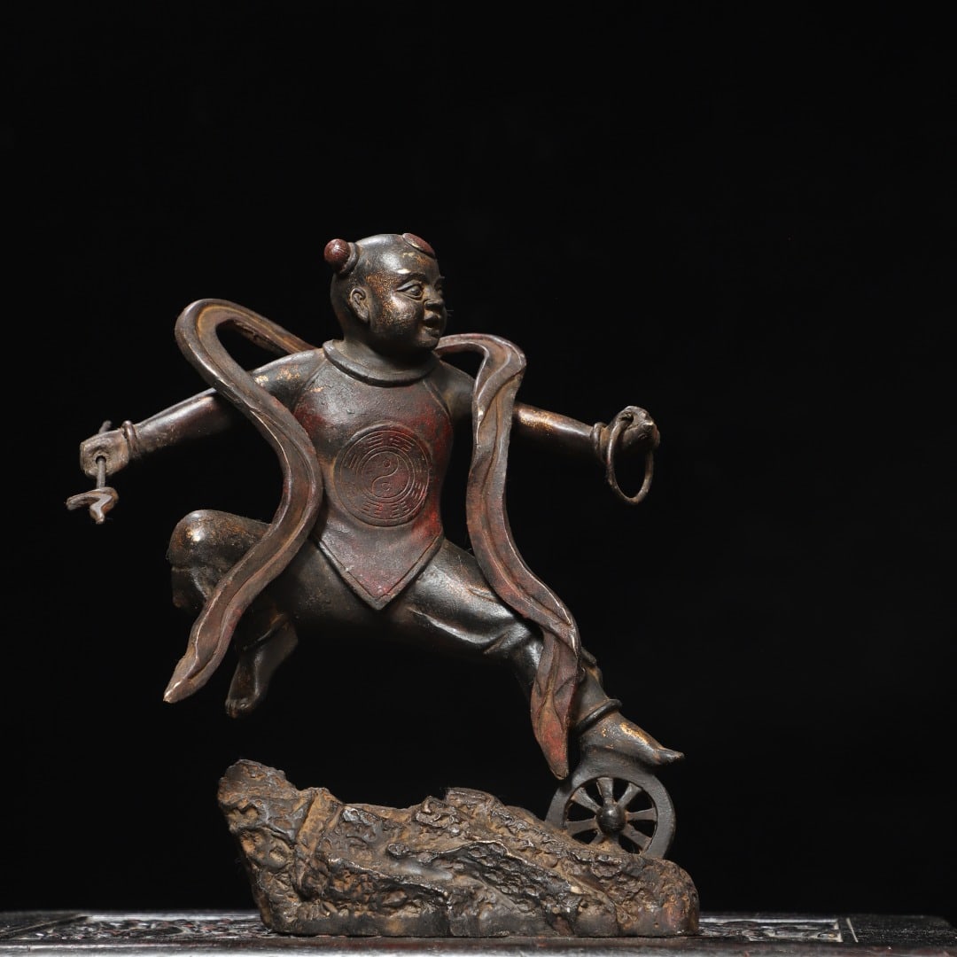 An Exquisite Bronze Gold Printed Figures Ornament: An Exquisite Bronze Gold Printed Figures Ornament,Ming Dynasty, China,Size:11inx7.9inx2.8in,Weight:2050g 铜拓金人物摆件,中国明代