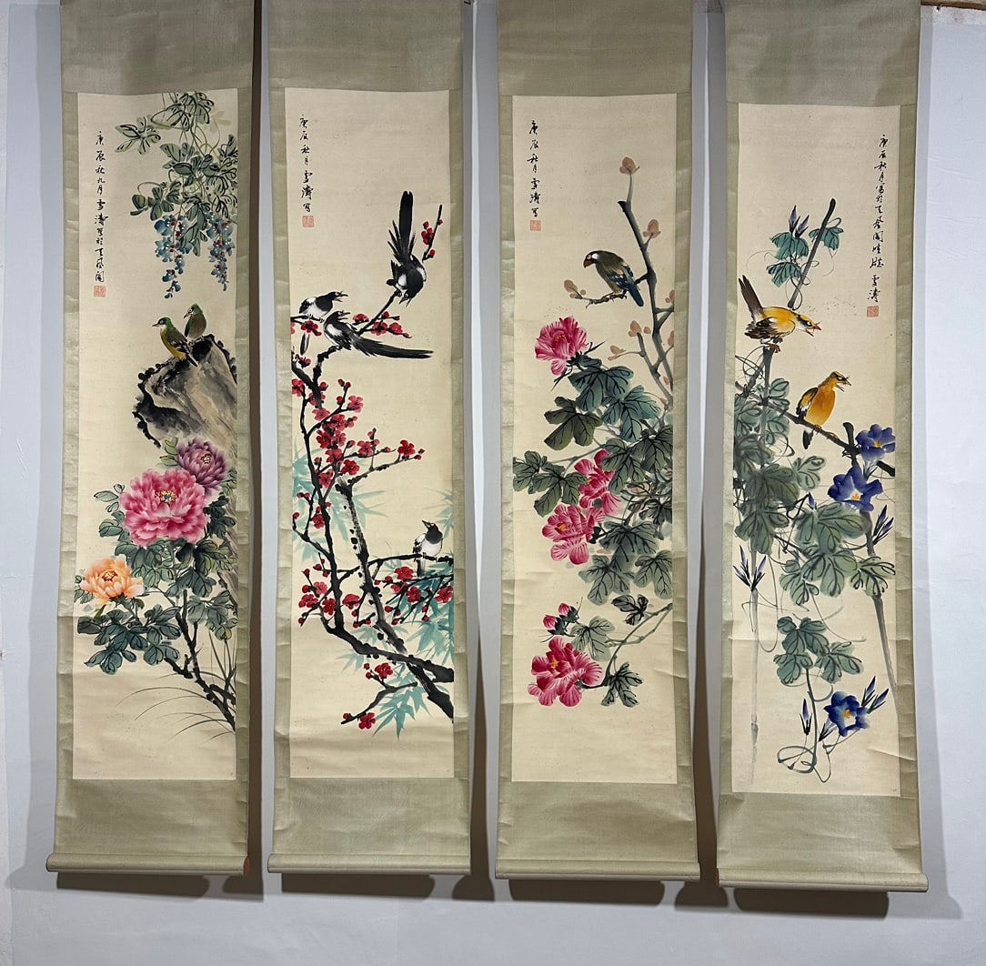 A Set of Chinese Vertical Scroll Ink Paintings of Flowers and Birds on Paper (Four Pieces): A Set of Chinese Vertical Scroll Ink Paintings of Flowers and Birds on Paper (Four Pieces),Modern Time of China,Wang Xuetao,without frame size:70.1inx63in