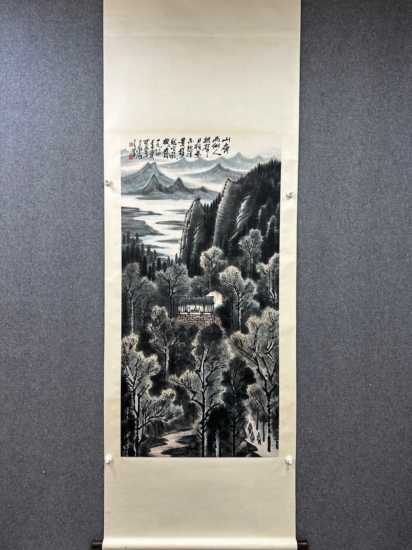 A Chinese Vertical Scroll Ink Painting of Landscape on Paper: A Chinese Vertical Scroll Ink Painting of Landscape on Paper,Modern Time of China,Li Keran,without frame size:26.8inx53.5in