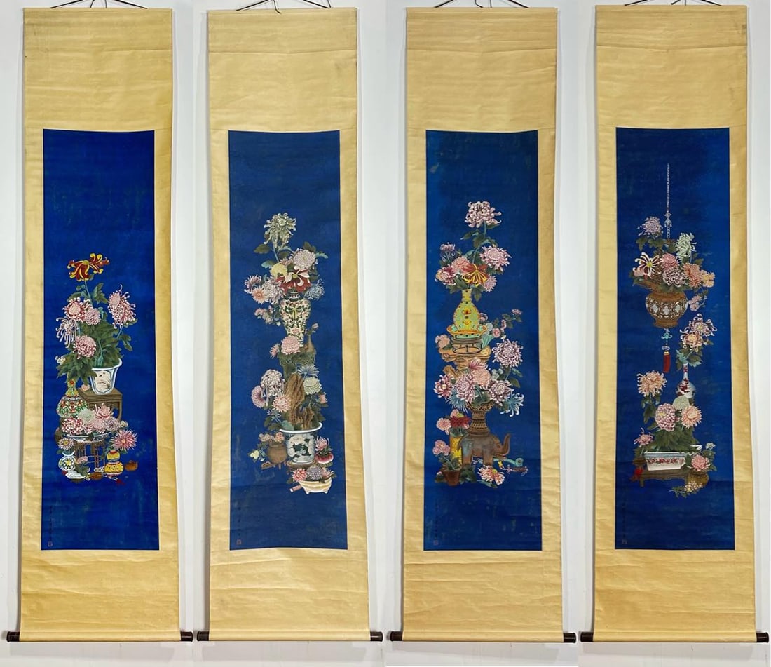 A Set of Chinese Vertical Scroll Ink Paintings of Flowers on Paper (Four Pieces): A Set of Chinese Vertical Scroll Ink Paintings of Flowers on Paper (Four Pieces),Qing Dynasty, China,Jiang Tingsi,without frame size:66.9inx18.5in 一套中国水墨ń