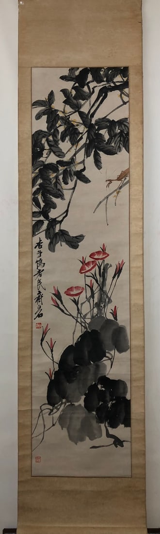 A Chinese Vertical Scroll Ink Painting of Flowers on Paper: A Chinese Vertical Scroll Ink Painting of Flowers on Paper,Modern Time of China,Qi Baishi,without frame size:53.1inx16.5in 一幅中国水墨纸本花Õ