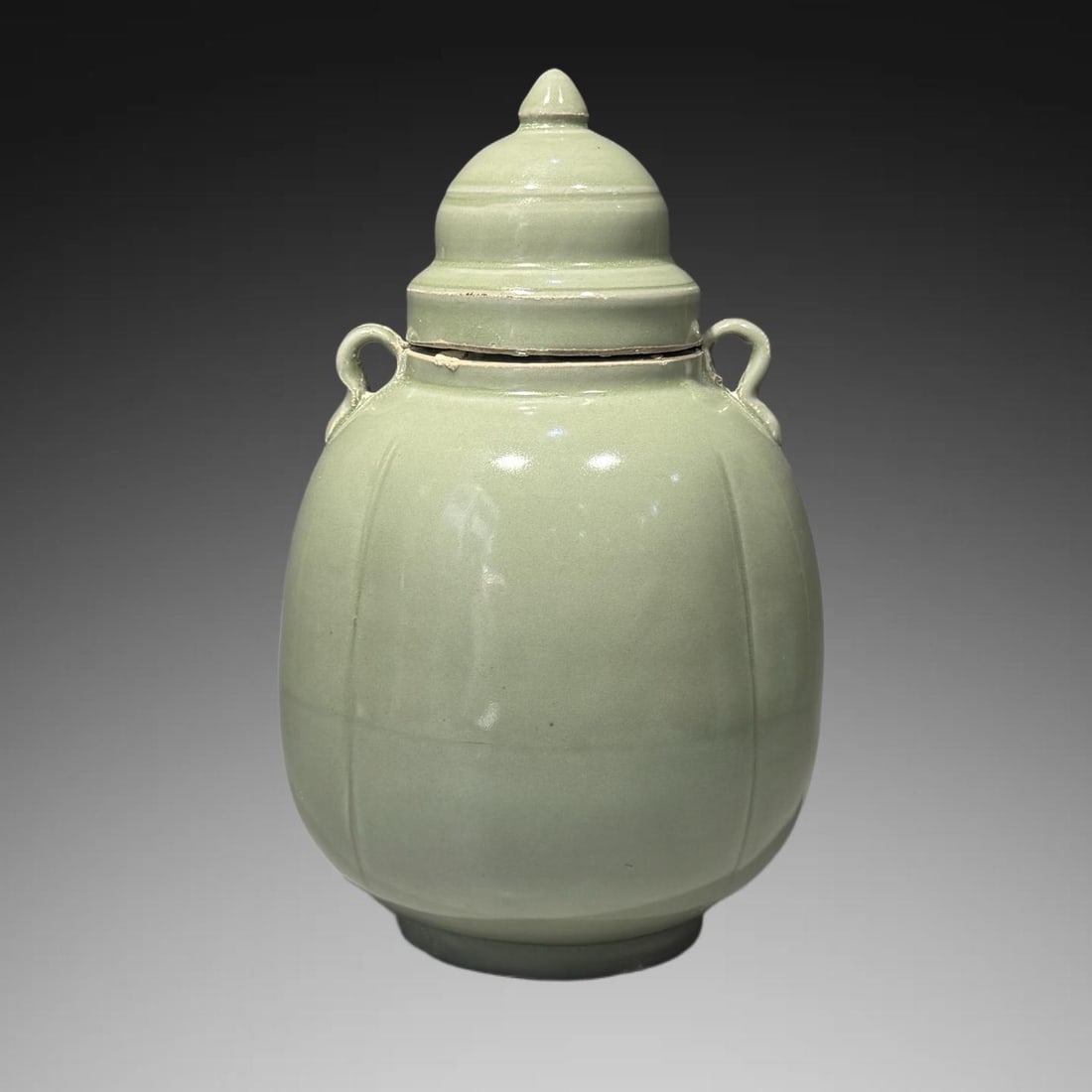 An Exquisite Yue Yao Melon Ribbed Jar: An Exquisite Yue Yao Melon Ribbed Jar,Five Dynasties, China,Size:7.7inx4.7in 越窑瓜棱罐,五代