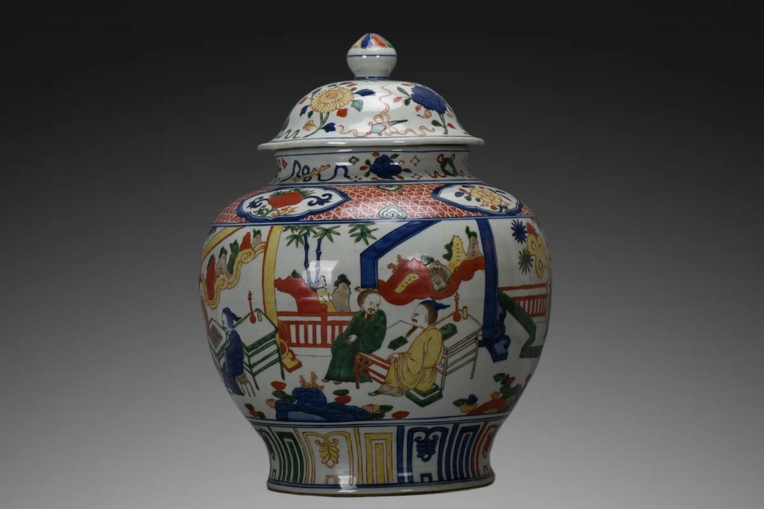 An Exquisite Wucai Figures Pattern Jar: An Exquisite Wucai Figures Pattern Jar,Ming Dynasty, China,Jiajing Six-character Mark,Size:19.7inx8.1inx14.6inx9.4in