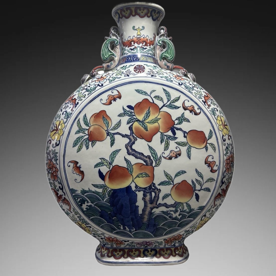 An Exquisite Doucai Bats and Peach Pattern Vase: An Exquisite Doucai Bats and Peach Pattern Vase,Qing Dynasty, China,Qianlong Six-character Mark,Size:22.2inx14.8in