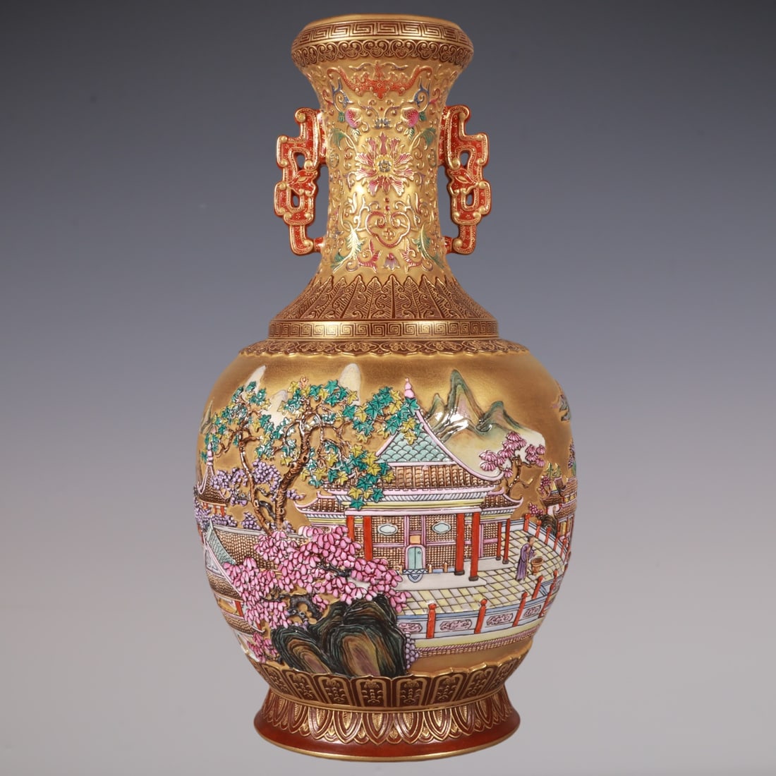 A Rare Enamel Gold Ground Landscape Pattern Double-Ears Vase: A Rare Enamel Gold Ground Landscape Pattern Double-Ears Vase,Qing Dynasty, China,Qianlong Six-character