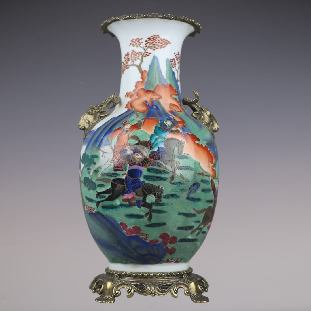 A Huge Famille-Rose Inlaid Bronze Character and Story Pattern Sheep-Ears Vase: A Huge Famille-Rose Inlaid Bronze Character and Story Pattern Sheep-Ears Vase,Qing Dynasty,China,Qianlong Six-character Mark,Size:19.1inx8.7inx7.1in粉彩镶铜人物