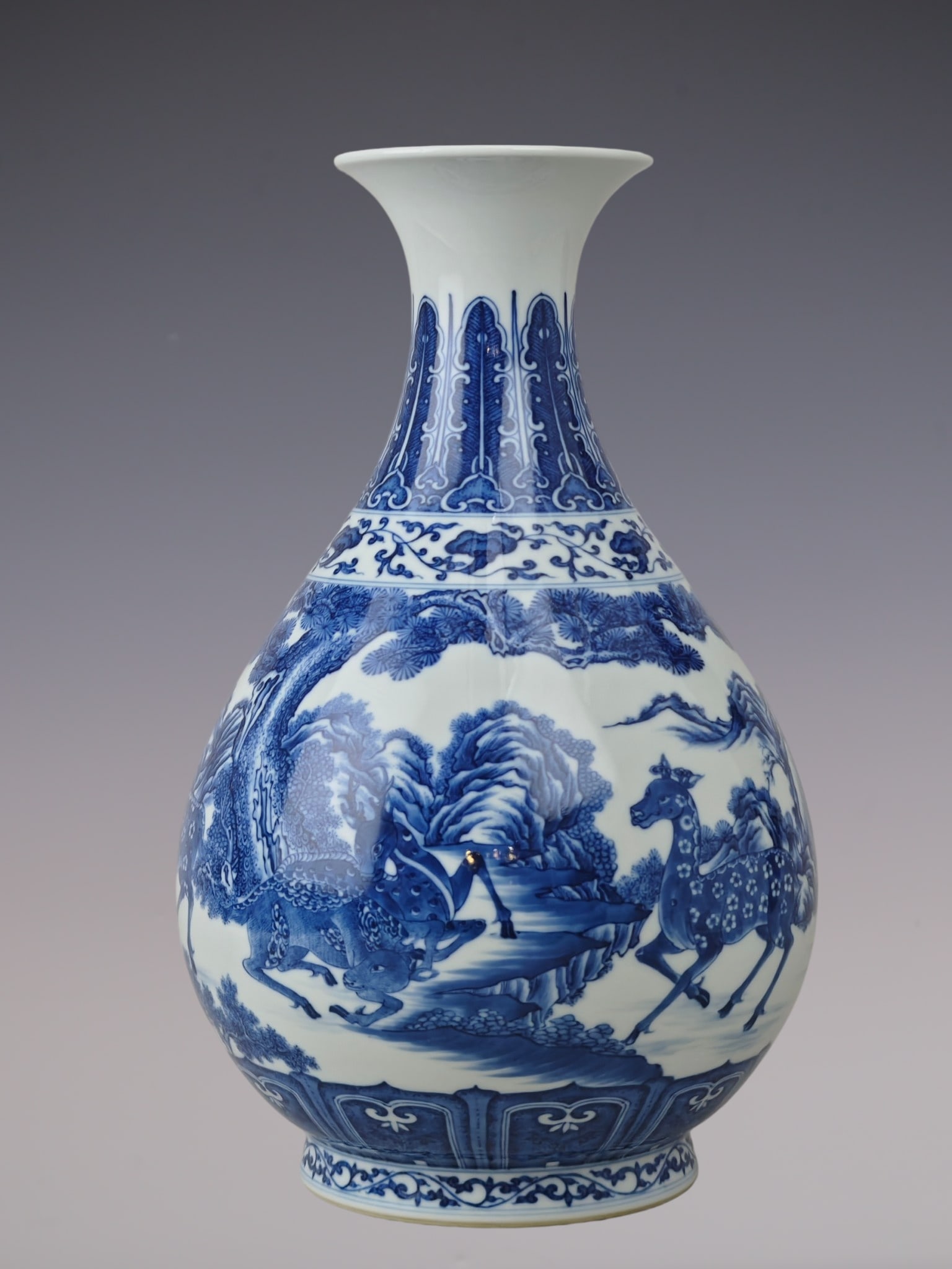 A Rare Blue and White Pine and Deer Pattern Vase: A Rare Blue and White Pine and Deer Pattern Vase,Qing Dynasty, China,Qianlong Six-character