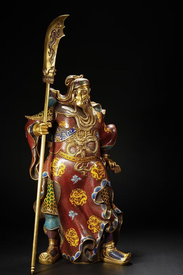 An Exquisite Cloisonne Guan yu Ornament: An Exquisite Cloisonne Guan yu Ornament Qing Dynasty, China Qianlong Four-character Mark Size:26.4inx9.8in Weight:12kg景泰蓝关羽摆件
