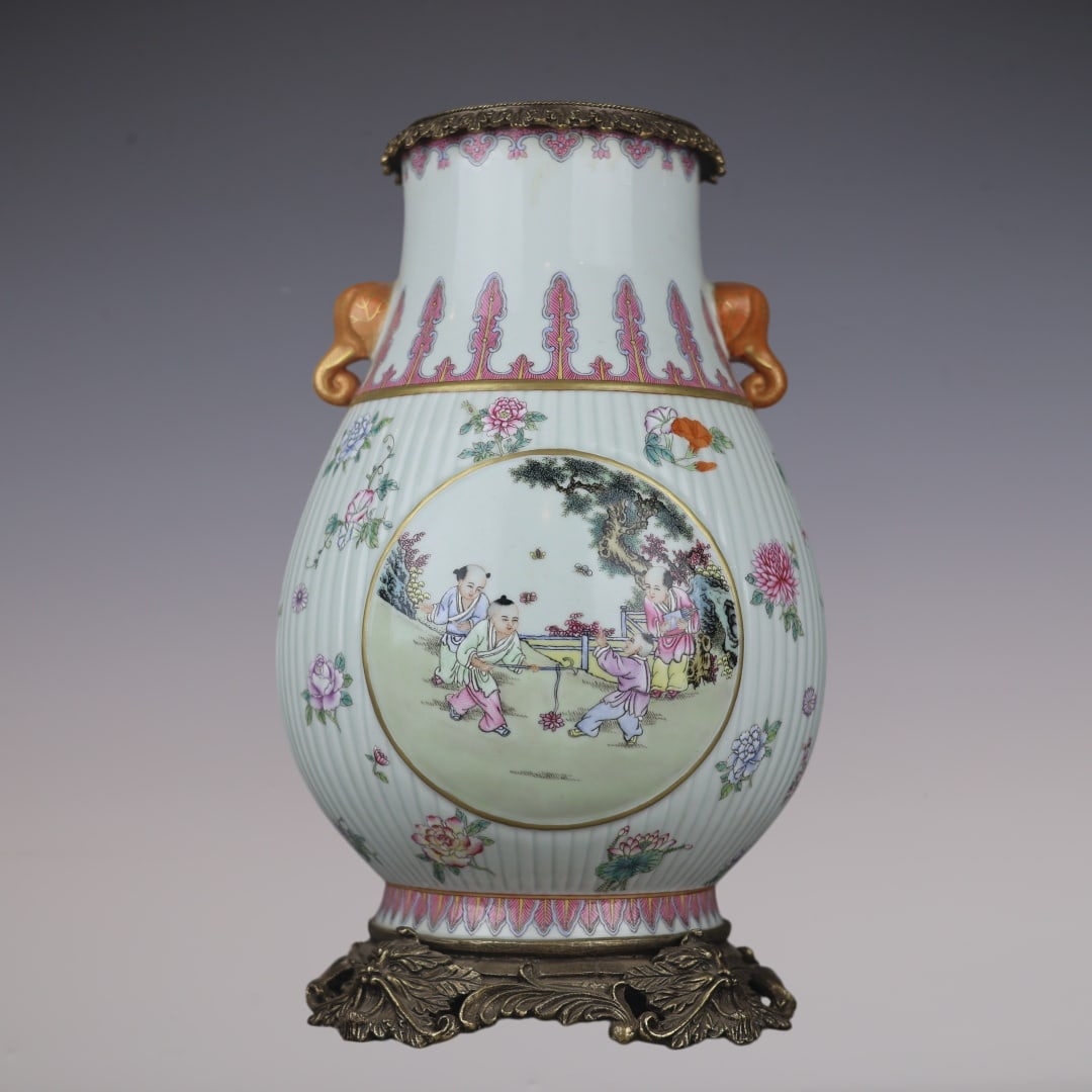 A Huge Famille-Rose Painted Gold Inlaid Bronze Flower and Figure Pattern Elephant-Ears Vase: A Huge Famille-Rose Painted Gold Inlaid Bronze Flower and Figure Pattern Elephant-Ears Vase,Qing Dynasty,China,Qianlong Six-character Mark,Size:16.9inx9.8inx8.7in粉彩描金໲