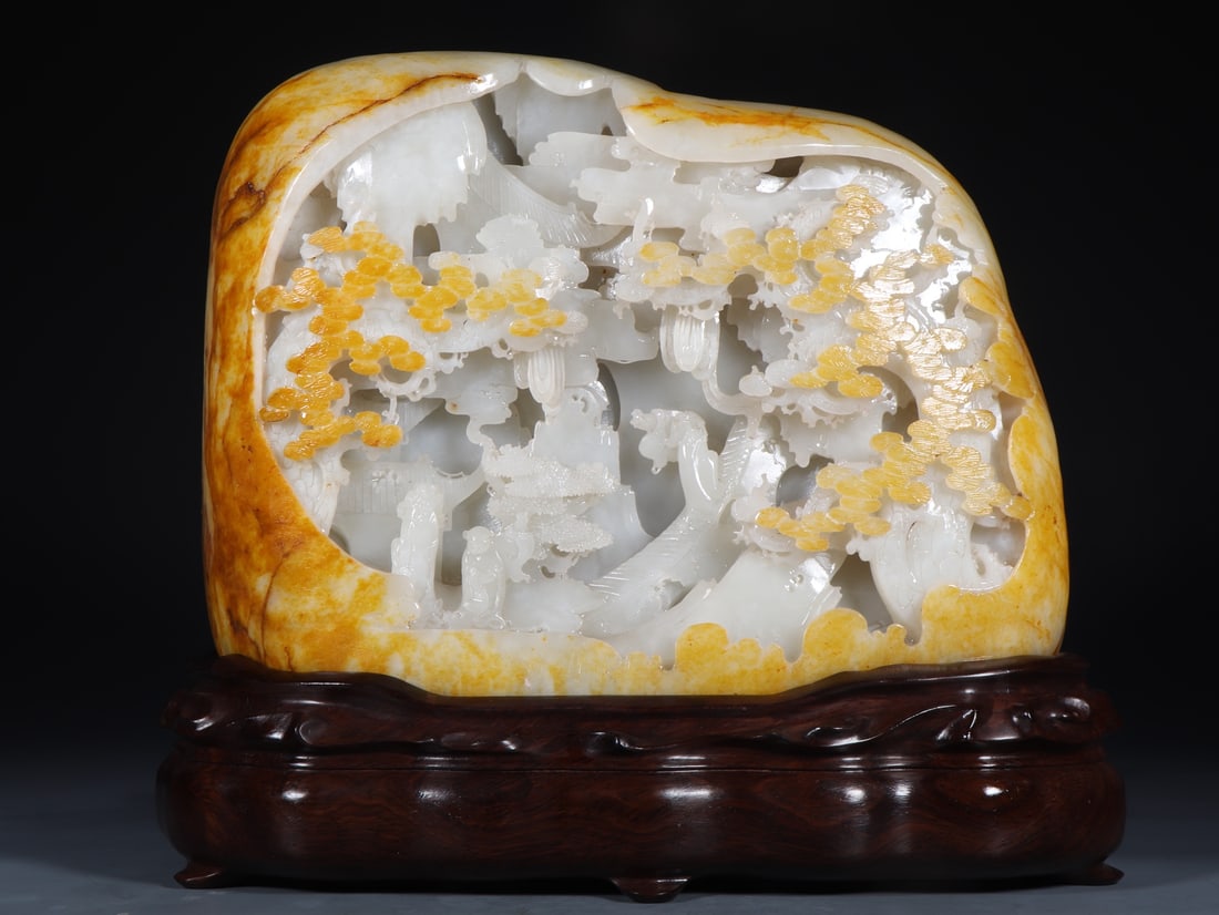 A Rare White Jade Character and Story Pattern Ornament,With Poem: A Rare White Jade Character and Story Pattern Ornament,With Poem,Qing Dynasty,China,Kangxi Four-character Mark,Size:12.6inx2.8inx12.2in,Weight :白玉人物故事纹