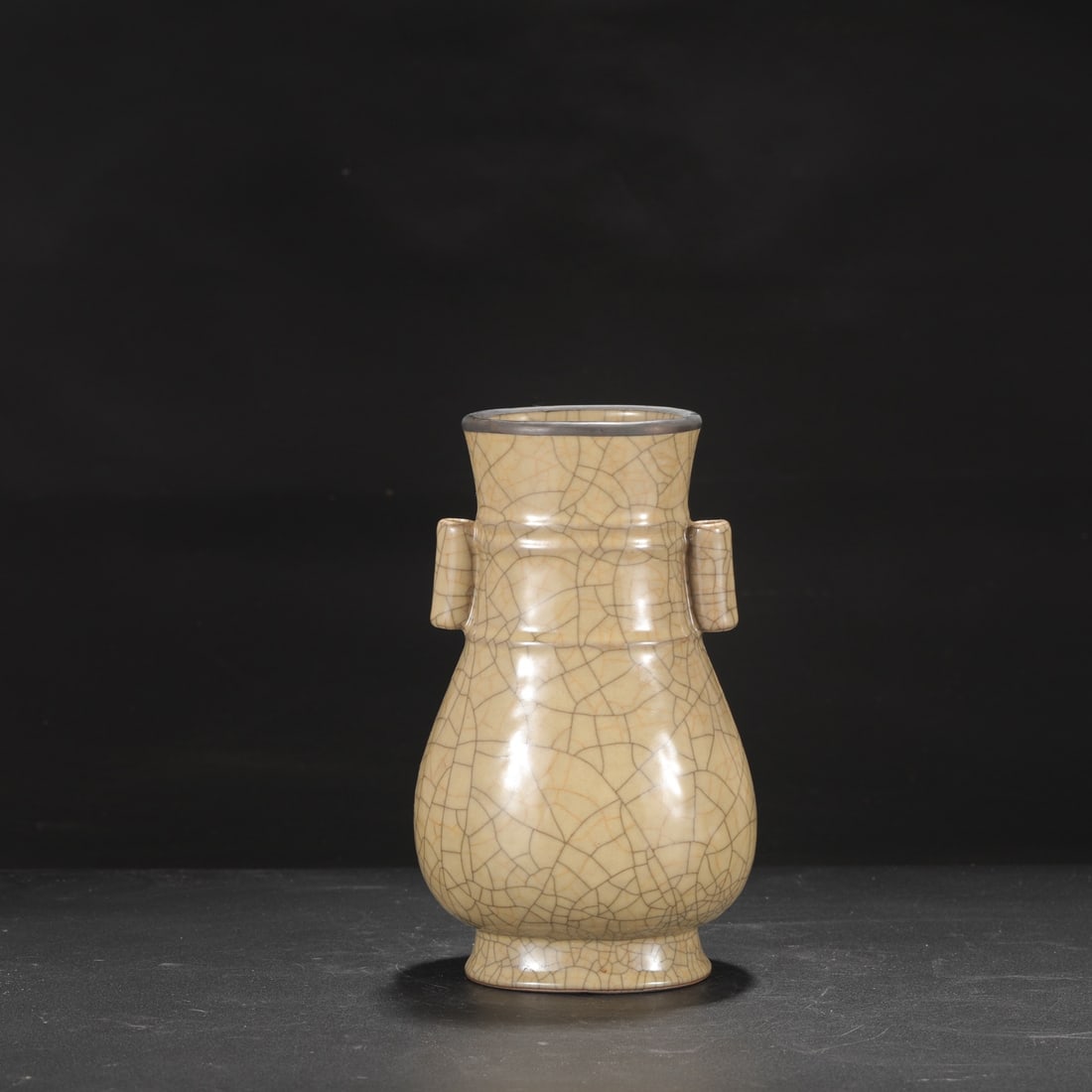 An Exquisite Ge yao Yellow Glazed Cover with Silver Double-Ears Vase,With an Imperial Poem by: An Exquisite Ge yao Yellow Glazed Cover with Silver Double-Ears Vase,With an Imperial Poem by Emperor Qianlong,Song Dynasty, China,Size:9.4inx3.3inx5.9in哥窑黄釉银口