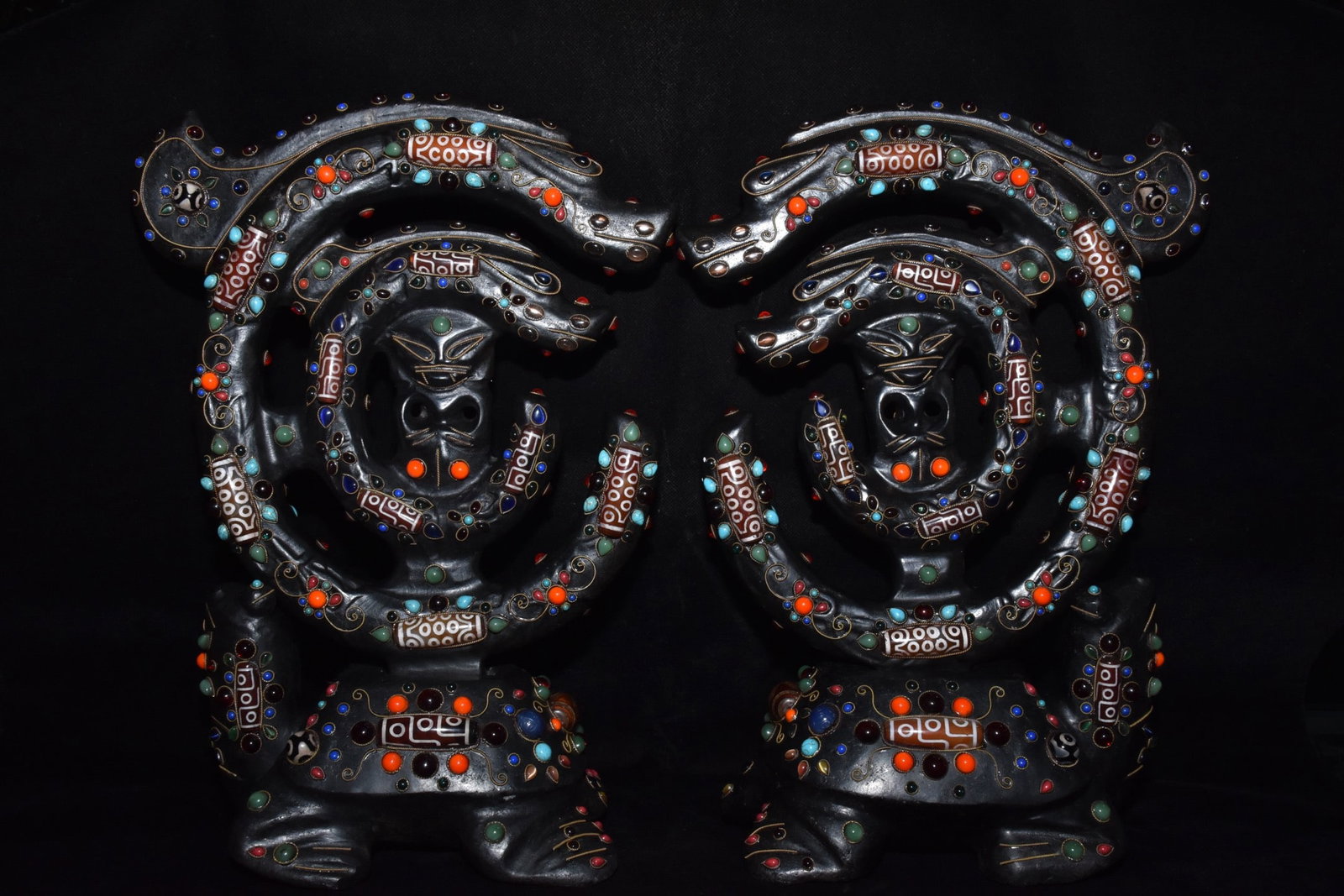 A Pair of Exquisite Meteorite Inlaid Gems Dragon-Shaped Ornaments,With Turtle Bases (1 of 7)