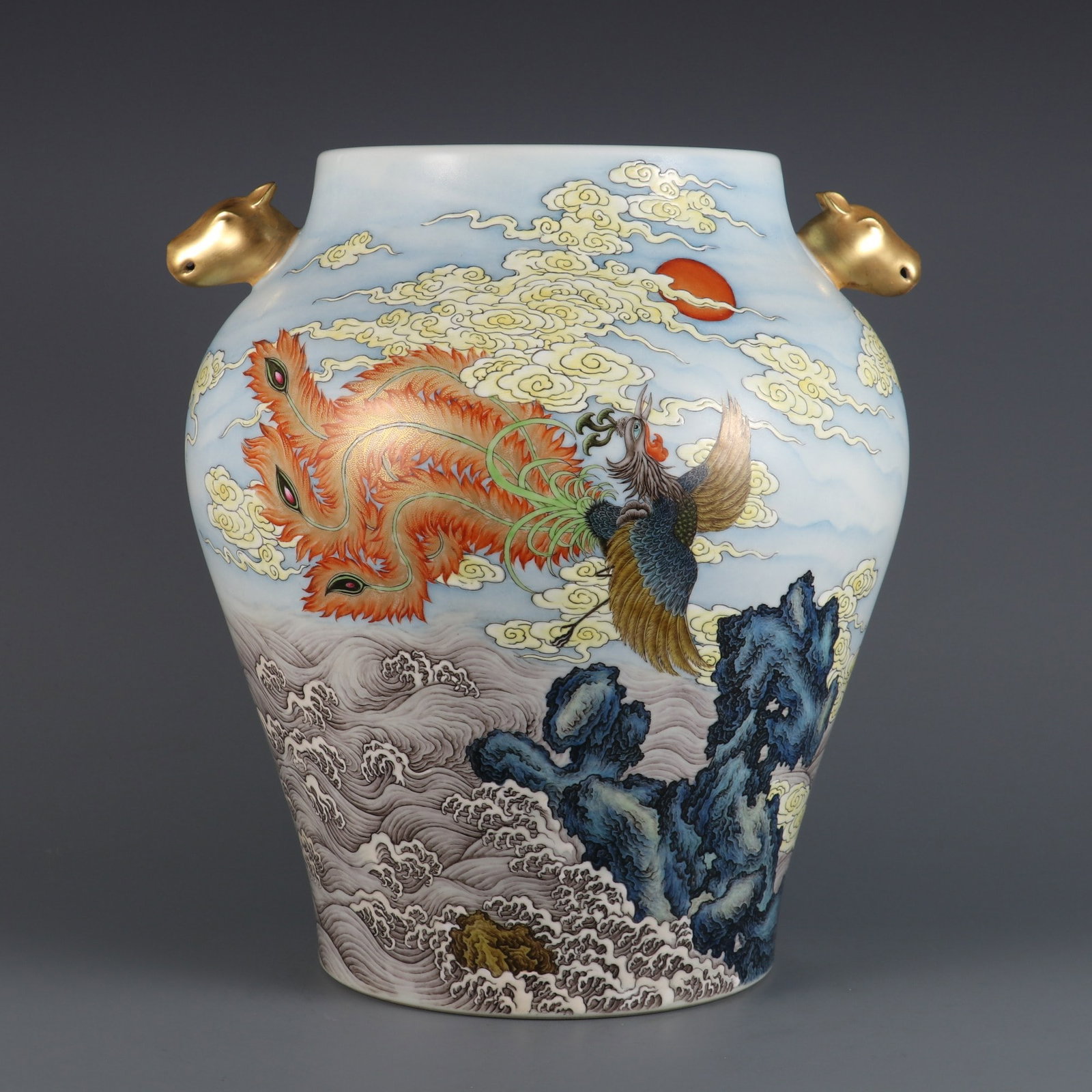 A Rare Famille-Rose Painted Gold Seawater,Auspicious Cloud and Phoenix Pattern Beast-Ears Jar,With: A Rare Famille-Rose Painted Gold Seawater,Auspicious Cloud and Phoenix Pattern Beast-Ears Jar,With Poem,Qing Dynasty, China,Qianlong Six-character Mark,Size:13inx11inx7.3in粉彩描%
