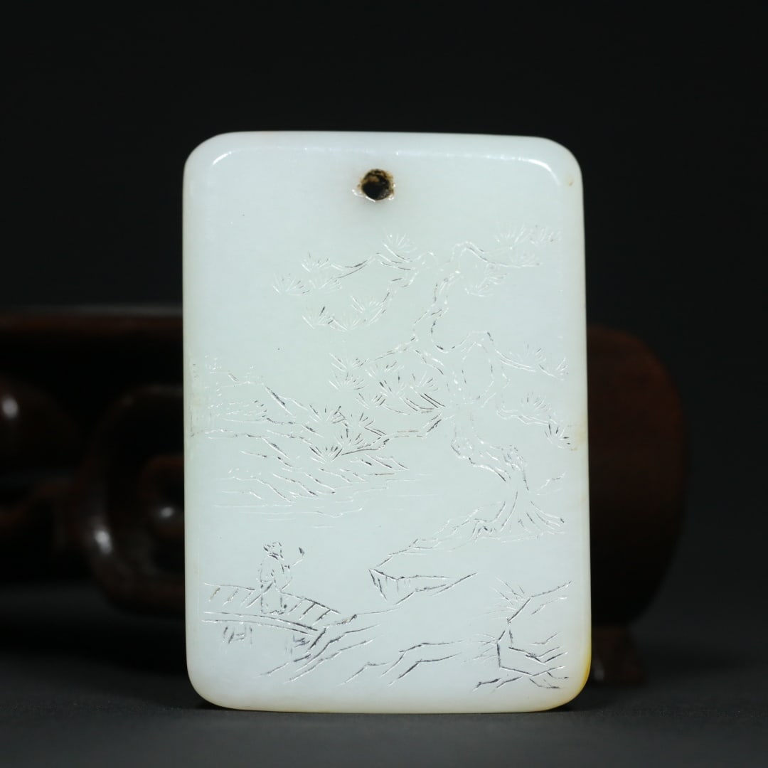 An Exquisite White Jade Landscape and Figure Pattern Pendant,With Poem: An Exquisite White Jade Landscape and Figure Pattern Pendant,With Poem,Qing Dynasty,China,Size:2.5inx1.7inx0.3in,Weight:57.8g白玉山水人物纹挂件,&#