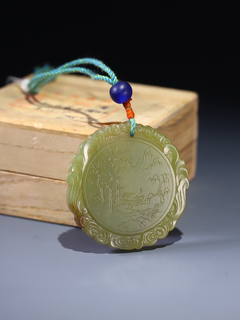 An Exquisite Yellow Jade Landscape Pattern Pendant,With Poem: An Exquisite Yellow Jade Landscape Pattern Pendant,With Poem,Qing