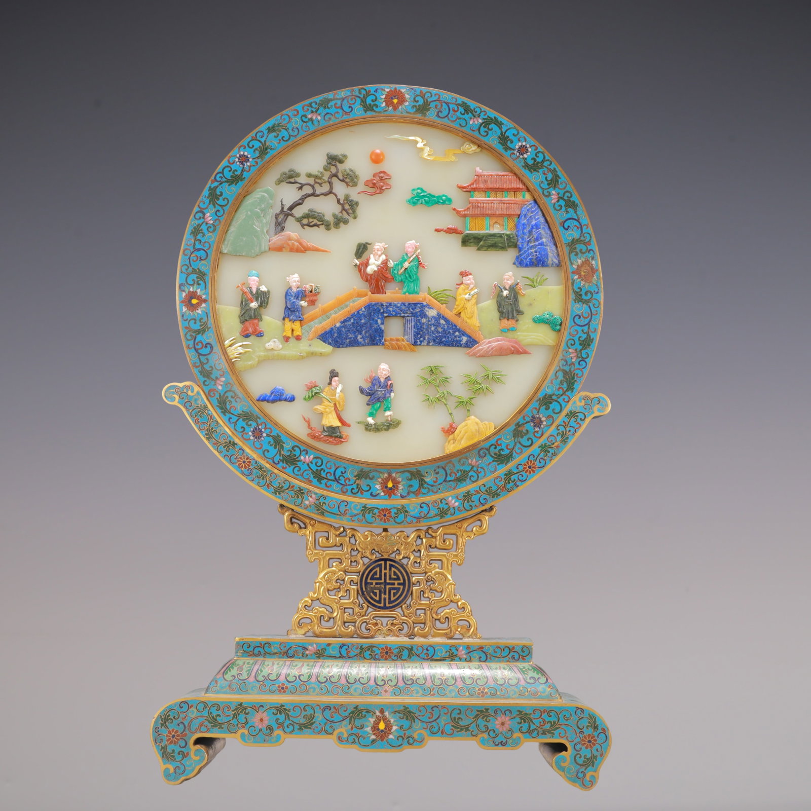 A Exquisite Cloisonne Inlaid Gems Lotus Pattern Character and Story Pattern Bats and Peach Pattern: A Exquisite Cloisonne Inlaid Gems Lotus Pattern Character and Story Pattern Bats and Peach Pattern Ornament Qing Dynasty, China Qianlong Four-character Mark Size:14.2inx4.1inx23.2in Weight:5750gਾ